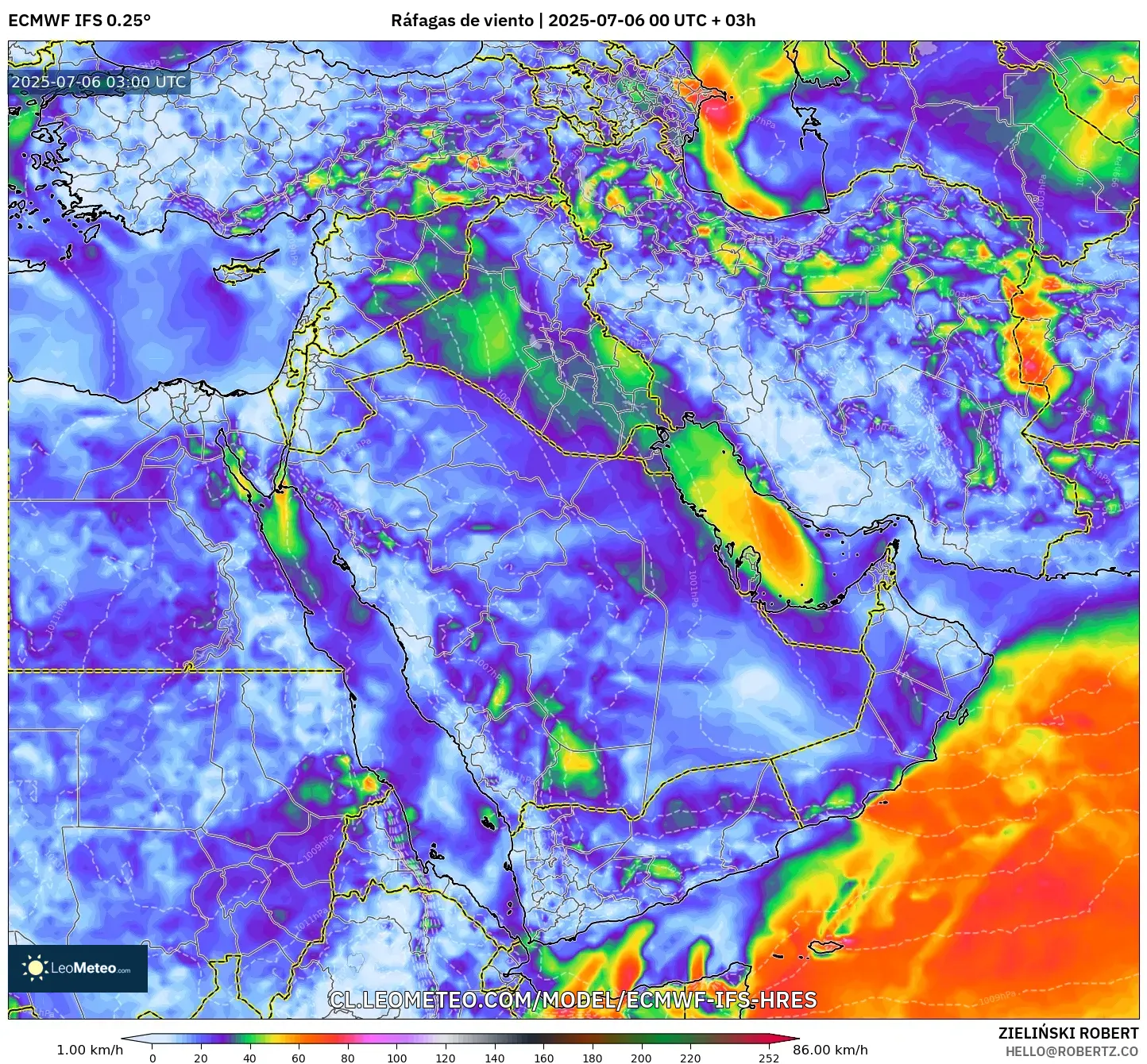 ECMWF IFS 0.25° model - Oriente Medio, Ráfagas de viento ECMWF IFS 0.25° model - Oriente Medio, Ráfagas de viento