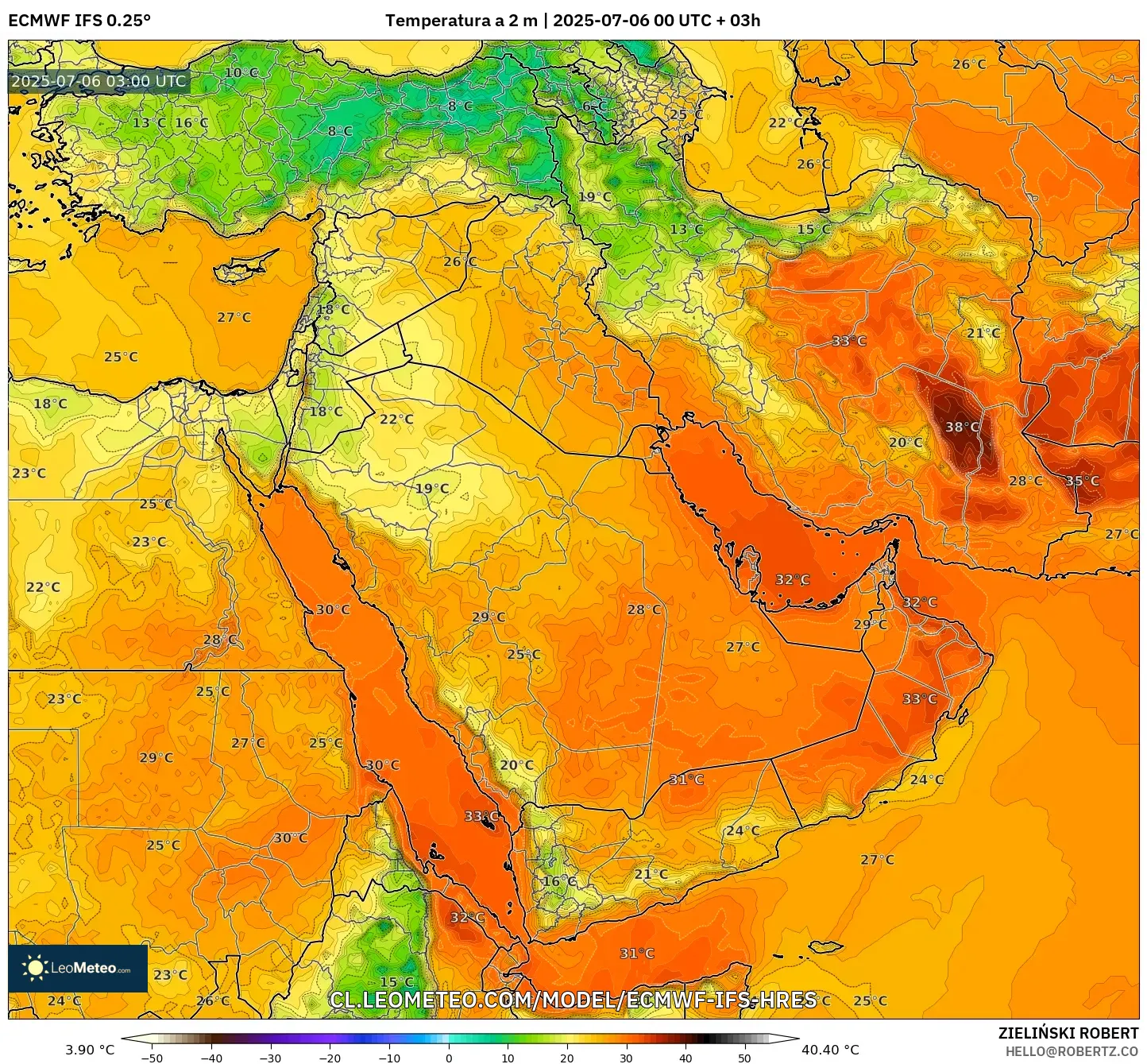 ECMWF IFS 0.25° model - Oriente Medio, Temperatura a 2 m ECMWF IFS 0.25° model - Oriente Medio, Temperatura a 2 m
