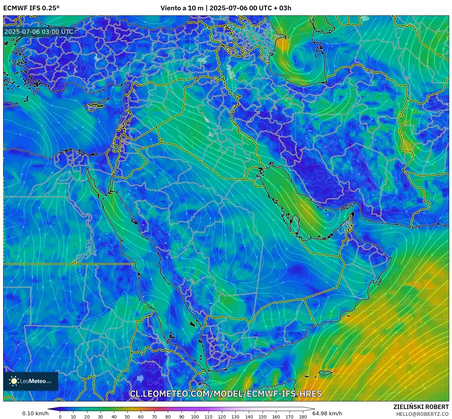 ECMWF IFS 0.25° model - Oriente Medio, Viento a 10 m ECMWF IFS 0.25° model - Oriente Medio, Viento a 10 m