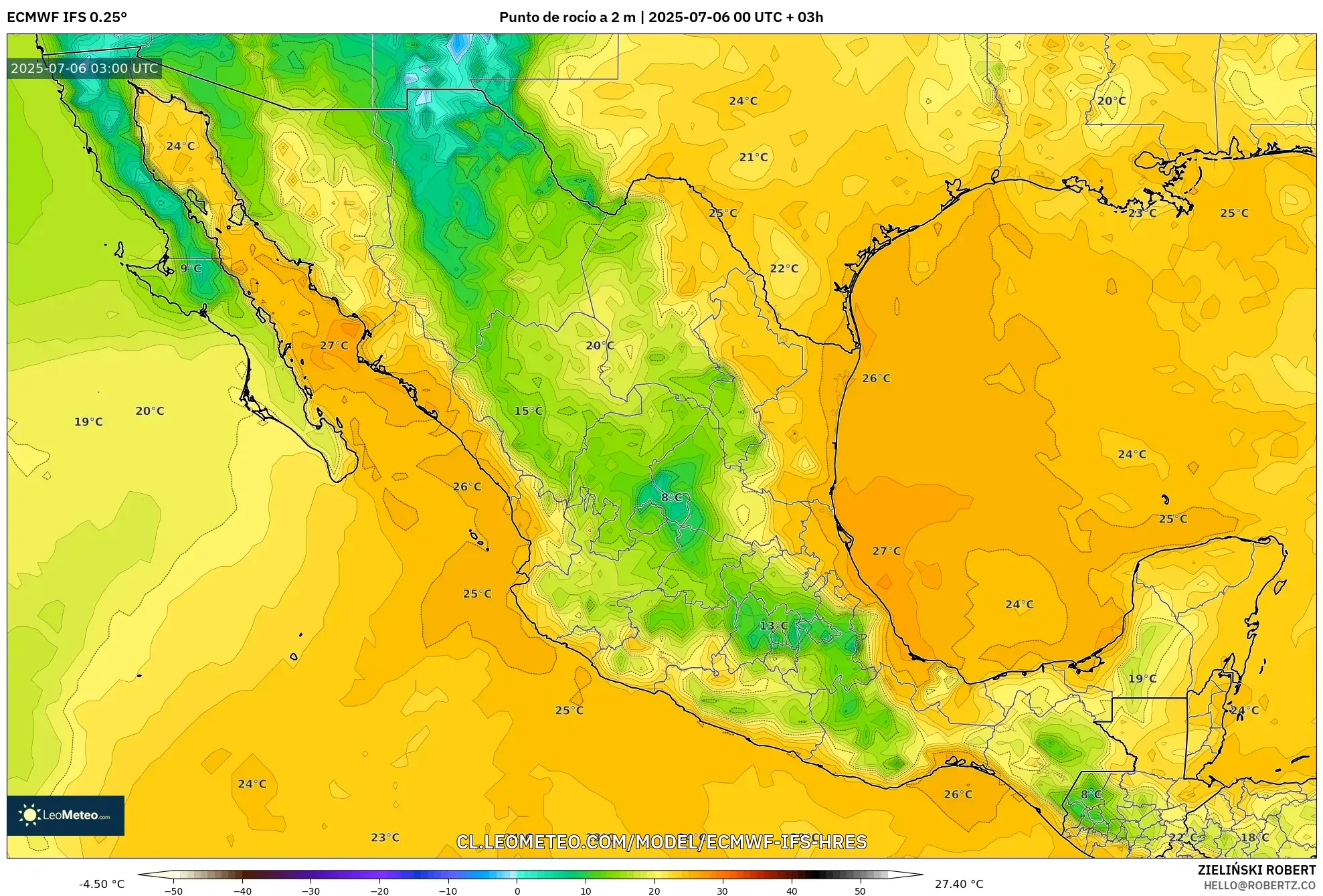 ECMWF IFS 0.25° model - México, Punto de rocío a 2 m ECMWF IFS 0.25° model - México, Punto de rocío a 2 m