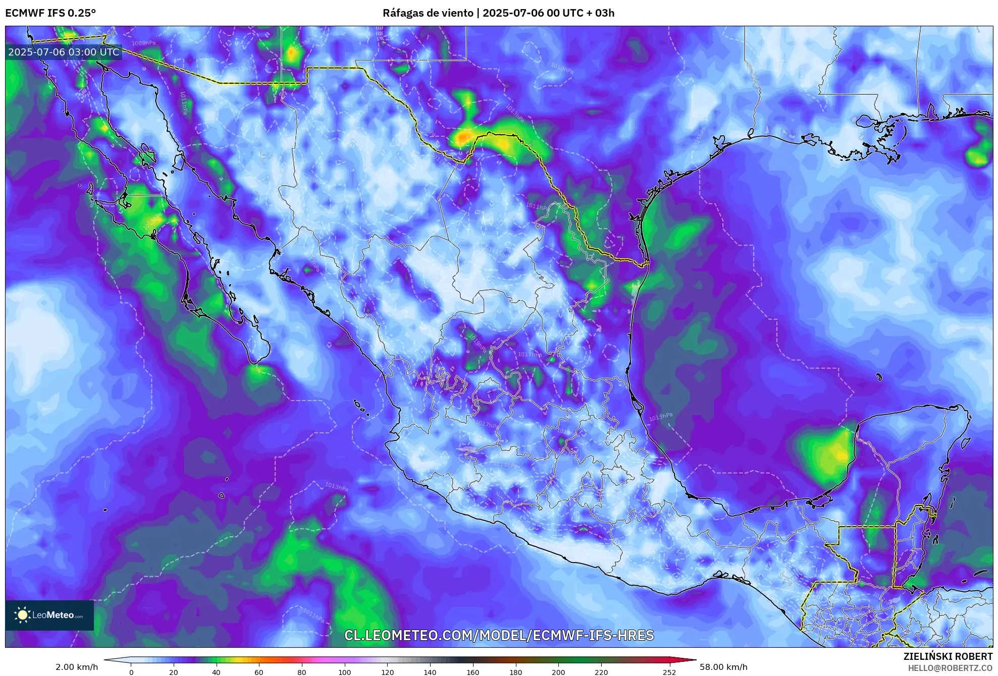 ECMWF IFS 0.25° model - México, Ráfagas de viento ECMWF IFS 0.25° model - México, Ráfagas de viento