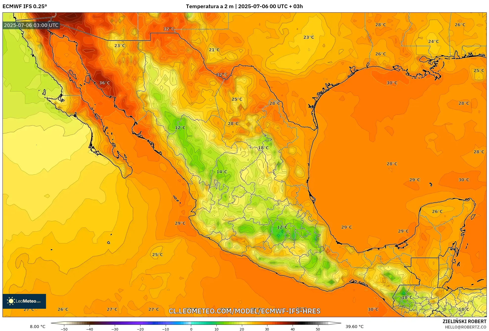 ECMWF IFS 0.25° model - México, Temperatura a 2 m ECMWF IFS 0.25° model - México, Temperatura a 2 m