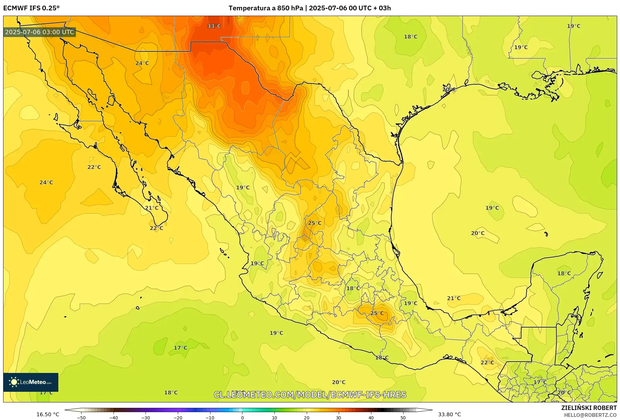 ECMWF IFS 0.25° model - México, Temperatura a 850 hPa ECMWF IFS 0.25° model - México, Temperatura a 850 hPa