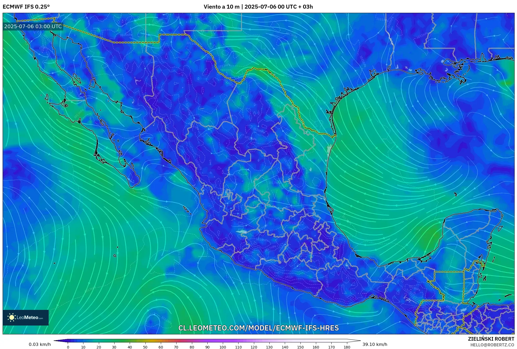 ECMWF IFS 0.25° model - México, Viento a 10 m ECMWF IFS 0.25° model - México, Viento a 10 m