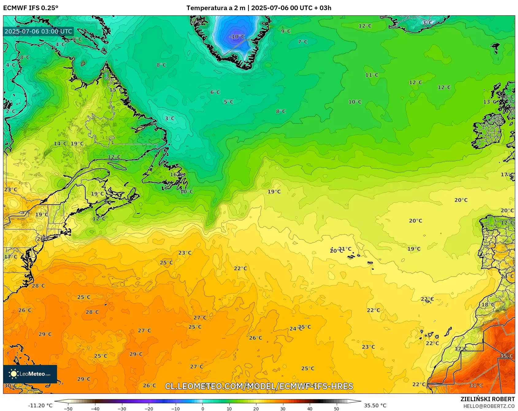 ECMWF IFS 0.25° model - Norte Atlántico, Temperatura a 2 m ECMWF IFS 0.25° model - Norte Atlántico, Temperatura a 2 m
