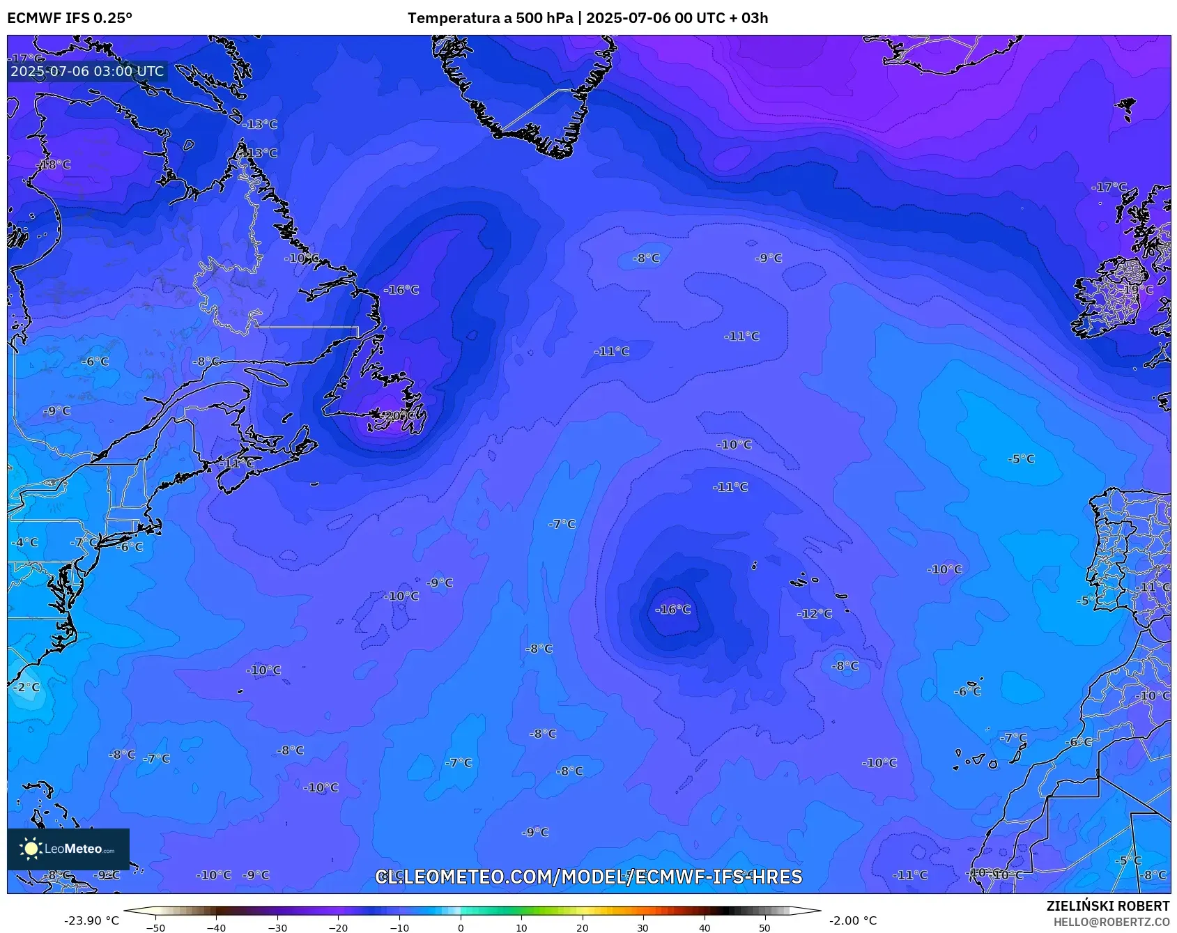 ECMWF IFS 0.25° model - Norte Atlántico, Temperatura a 500 hPa ECMWF IFS 0.25° model - Norte Atlántico, Temperatura a 500 hPa