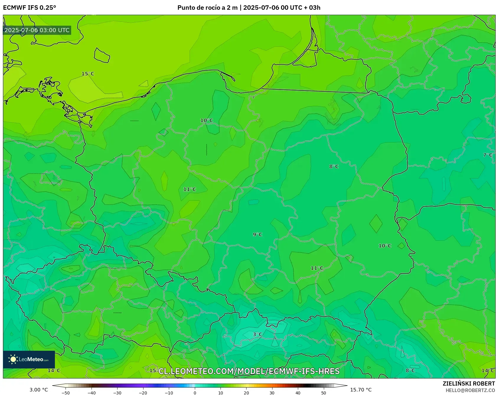 ECMWF IFS 0.25° model - Polonia, Punto de rocío a 2 m ECMWF IFS 0.25° model - Polonia, Punto de rocío a 2 m