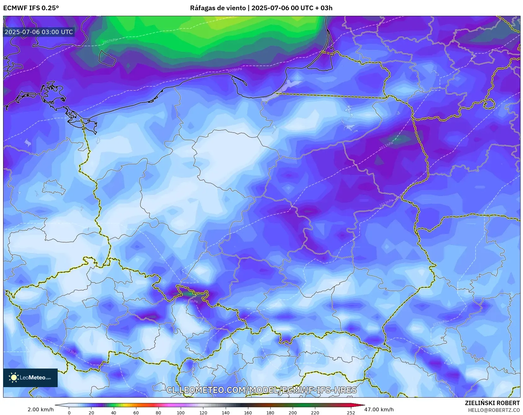 ECMWF IFS 0.25° model - Polonia, Ráfagas de viento ECMWF IFS 0.25° model - Polonia, Ráfagas de viento