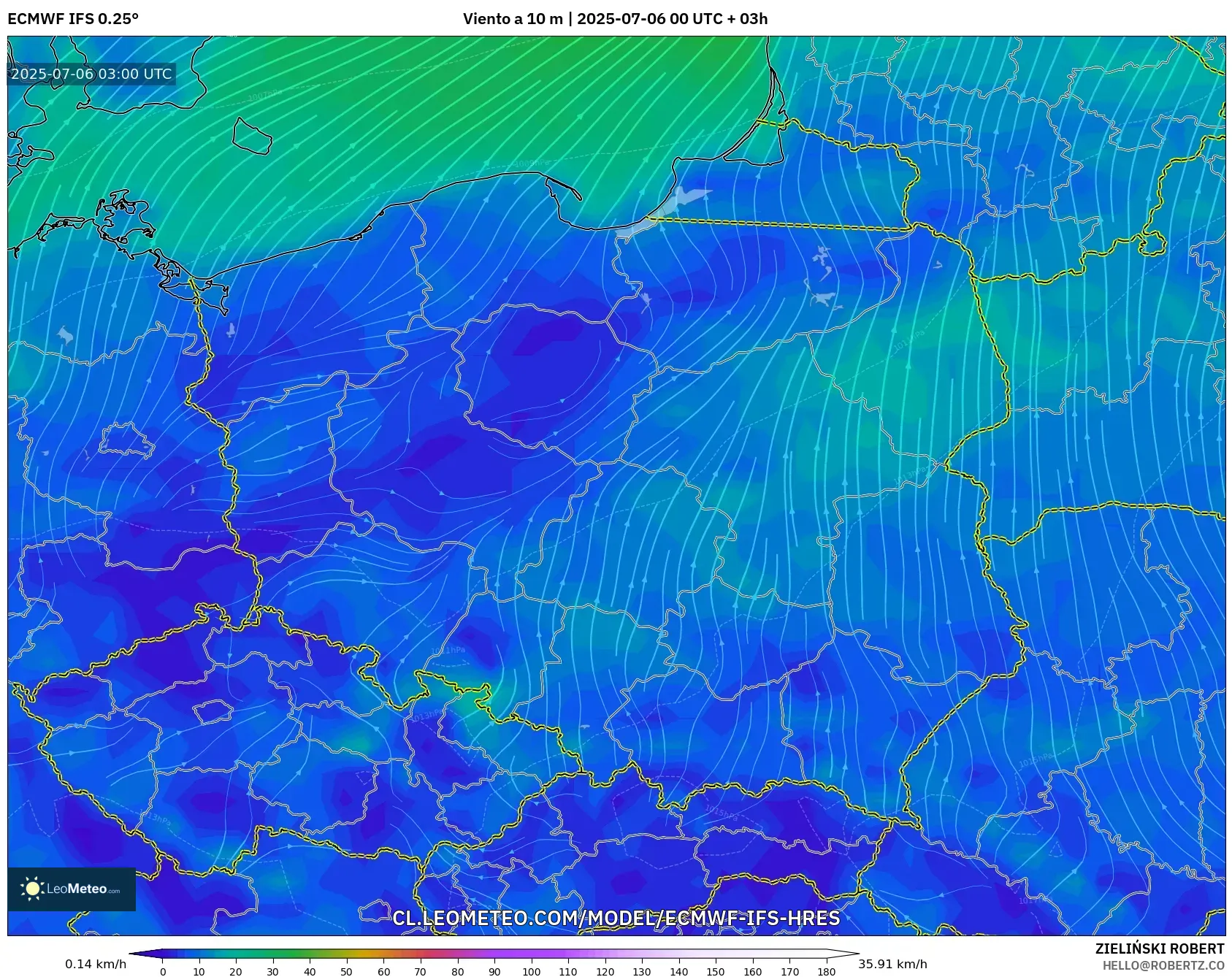 ECMWF IFS 0.25° model - Polonia, Viento a 10 m ECMWF IFS 0.25° model - Polonia, Viento a 10 m