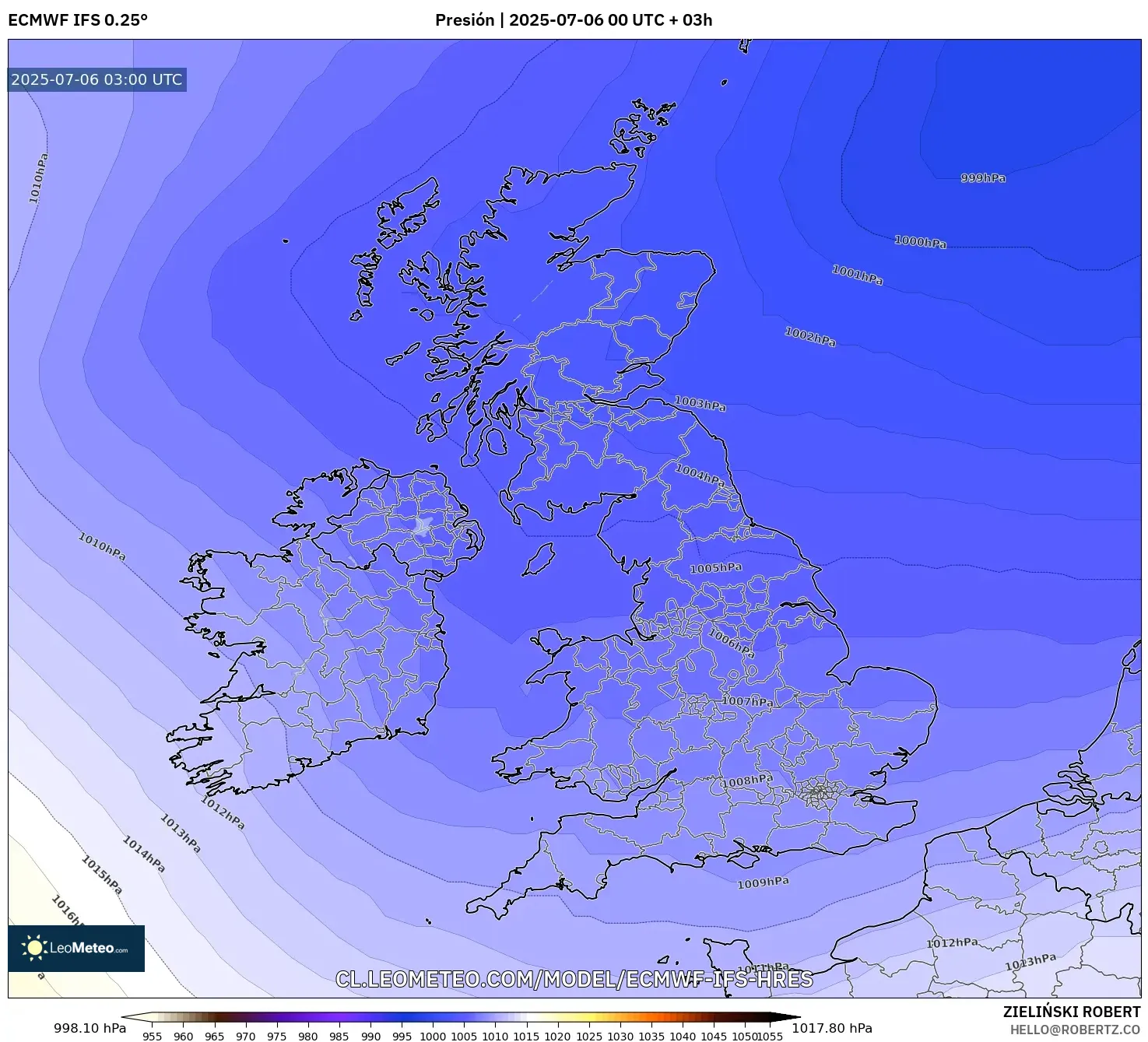 ECMWF IFS 0.25° model - Reino Unido, Presión ECMWF IFS 0.25° model - Reino Unido, Presión