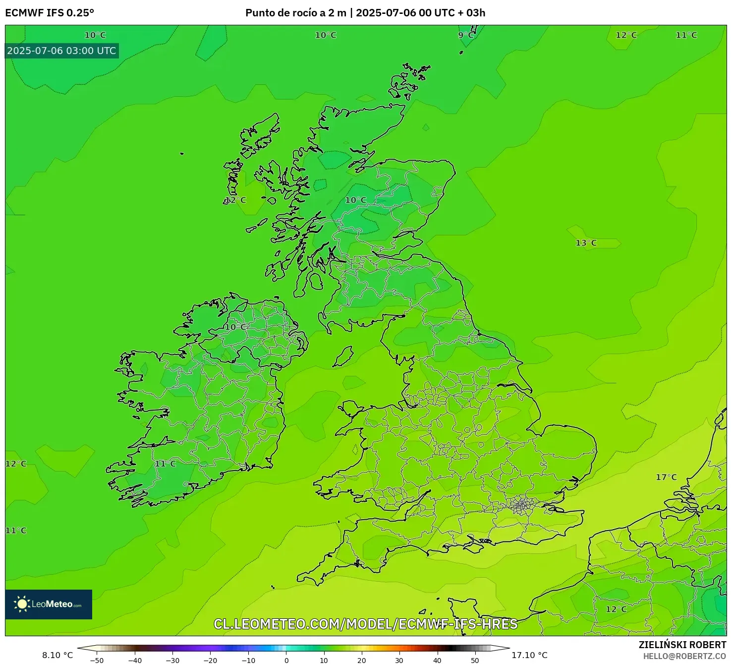 ECMWF IFS 0.25° model - Reino Unido, Punto de rocío a 2 m ECMWF IFS 0.25° model - Reino Unido, Punto de rocío a 2 m