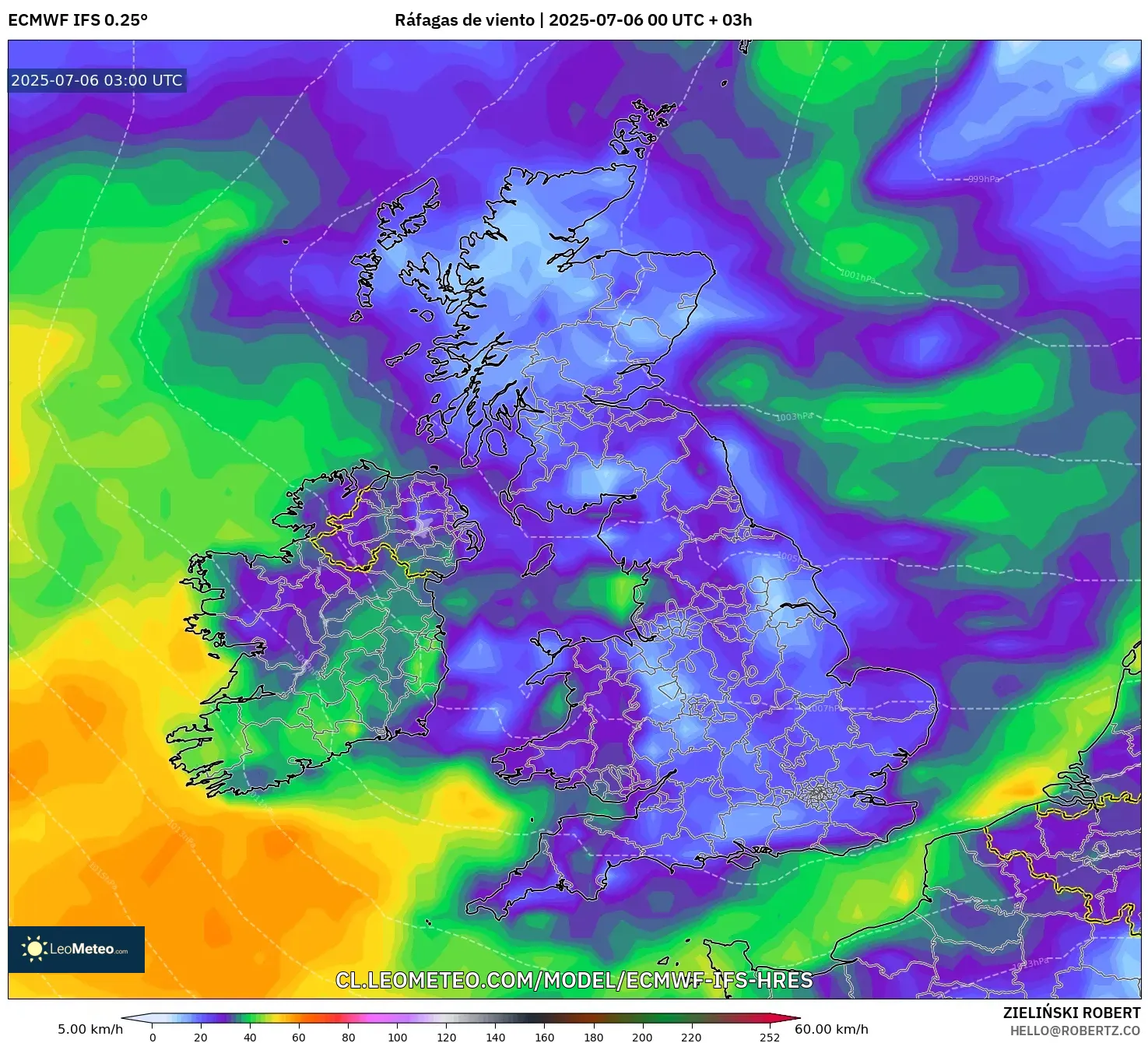 ECMWF IFS 0.25° model - Reino Unido, Ráfagas de viento ECMWF IFS 0.25° model - Reino Unido, Ráfagas de viento