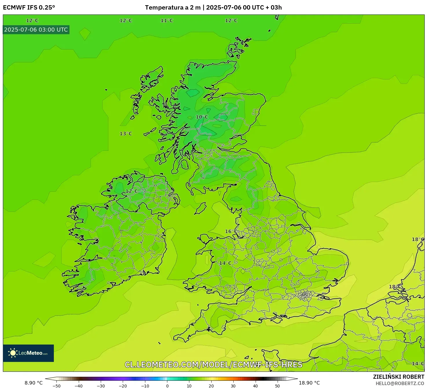 ECMWF IFS 0.25° model - Reino Unido, Temperatura a 2 m ECMWF IFS 0.25° model - Reino Unido, Temperatura a 2 m
