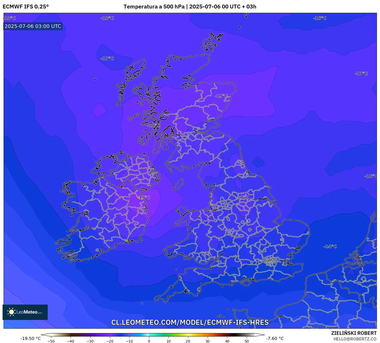 ECMWF IFS 0.25° model - Reino Unido, Temperatura a 500 hPa ECMWF IFS 0.25° model - Reino Unido, Temperatura a 500 hPa