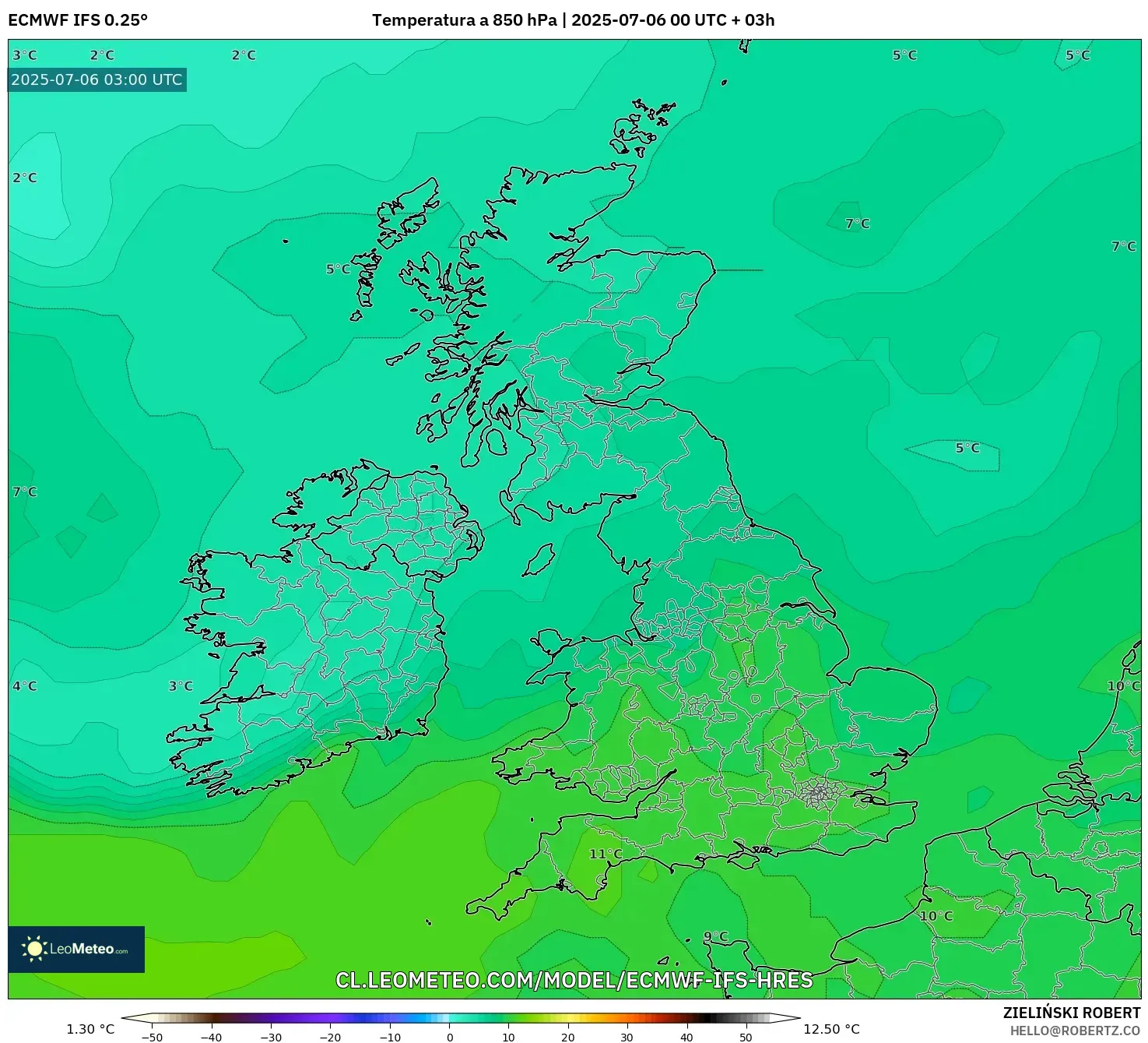 ECMWF IFS 0.25° model - Reino Unido, Temperatura a 850 hPa ECMWF IFS 0.25° model - Reino Unido, Temperatura a 850 hPa
