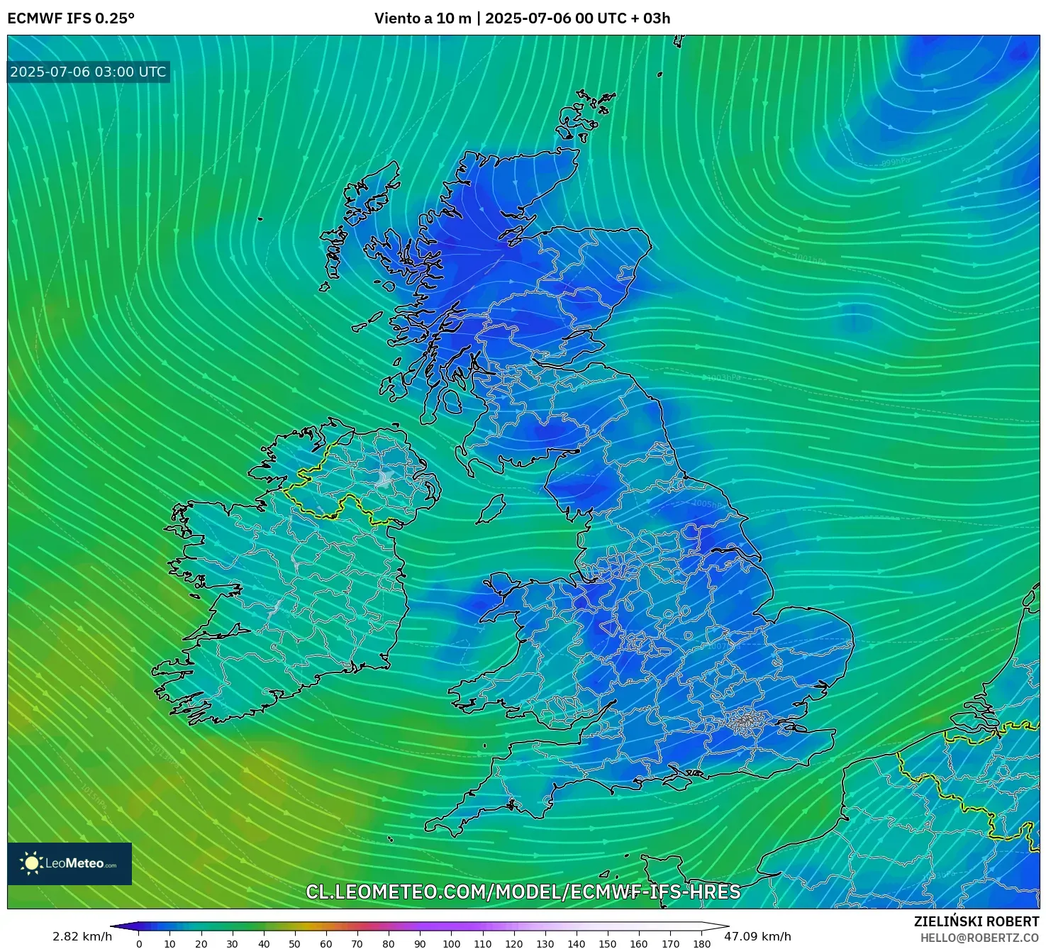 ECMWF IFS 0.25° model - Reino Unido, Viento a 10 m ECMWF IFS 0.25° model - Reino Unido, Viento a 10 m