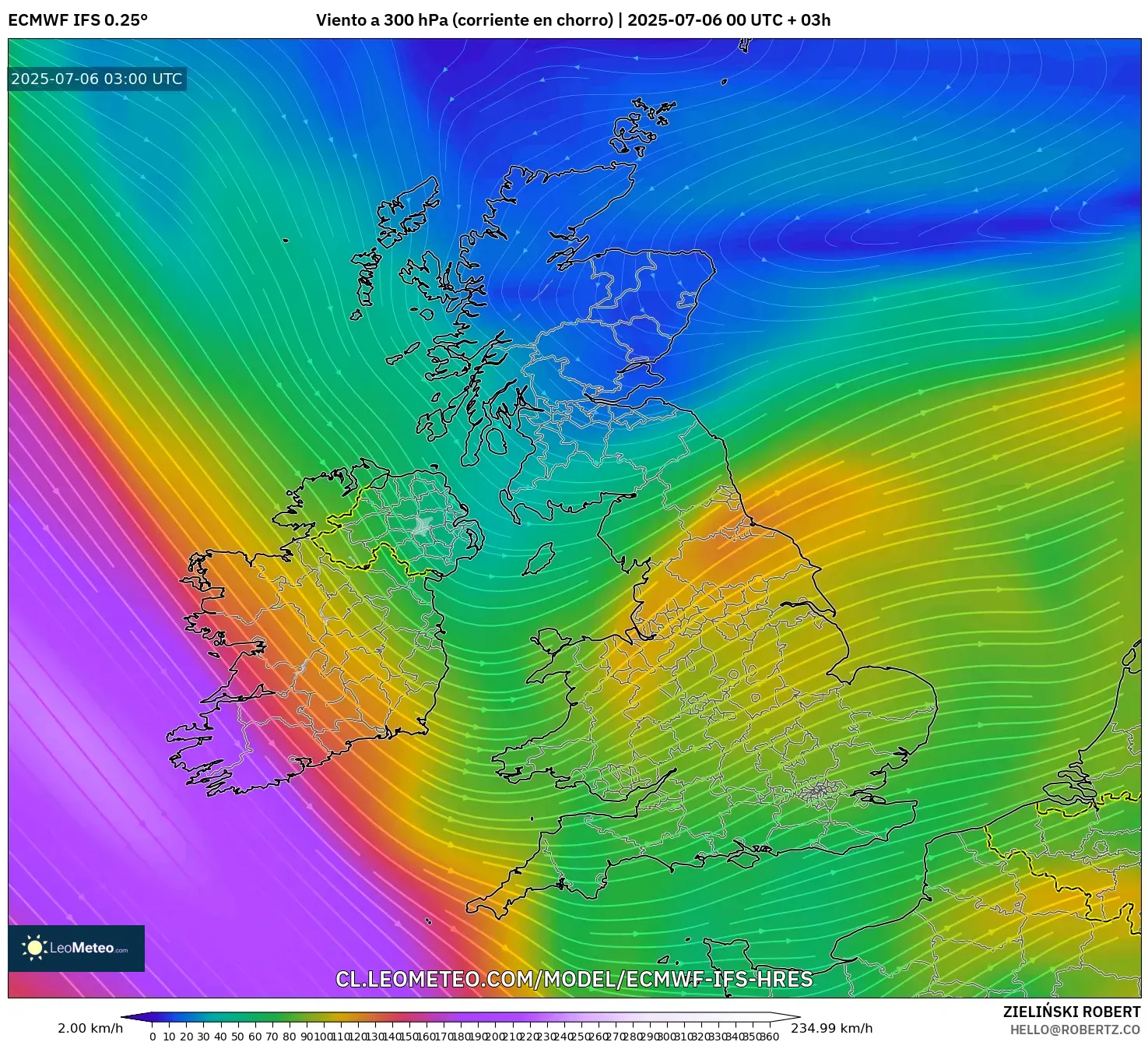 ECMWF IFS 0.25° model - Reino Unido, Viento a 300 hPa (corriente en chorro) ECMWF IFS 0.25° model - Reino Unido, Viento a 300 hPa (corriente en chorro)