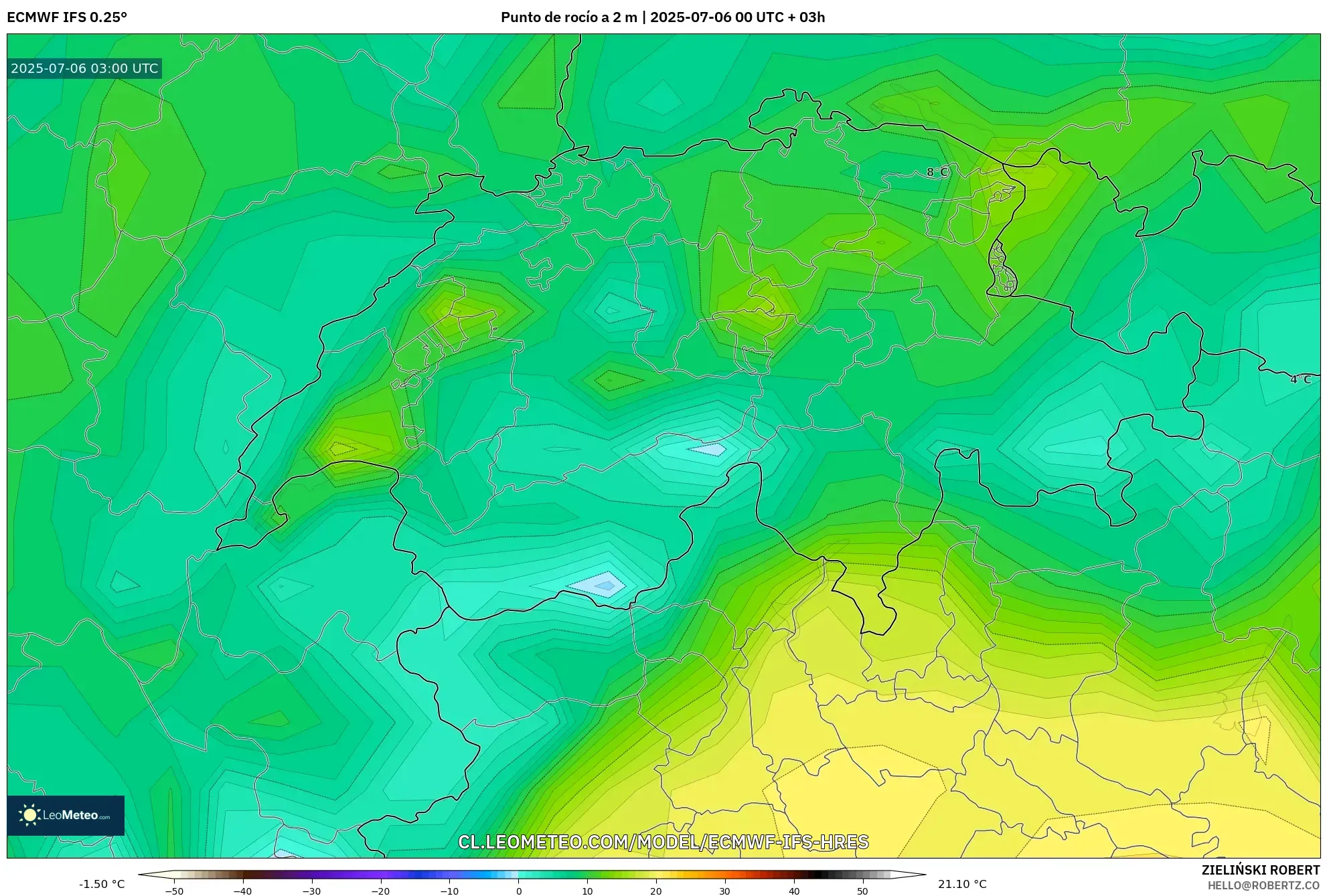 ECMWF IFS 0.25° model - Suiza, Punto de rocío a 2 m ECMWF IFS 0.25° model - Suiza, Punto de rocío a 2 m