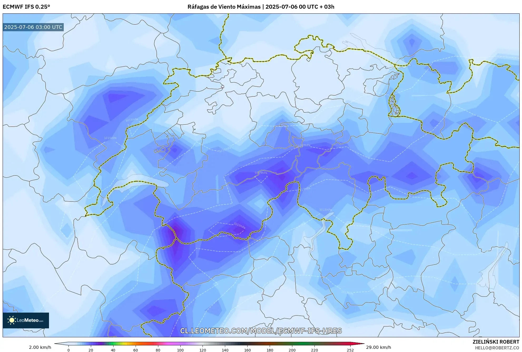 ECMWF IFS 0.25° model - Suiza, Ráfagas de Viento Máximas ECMWF IFS 0.25° model - Suiza, Ráfagas de Viento Máximas
