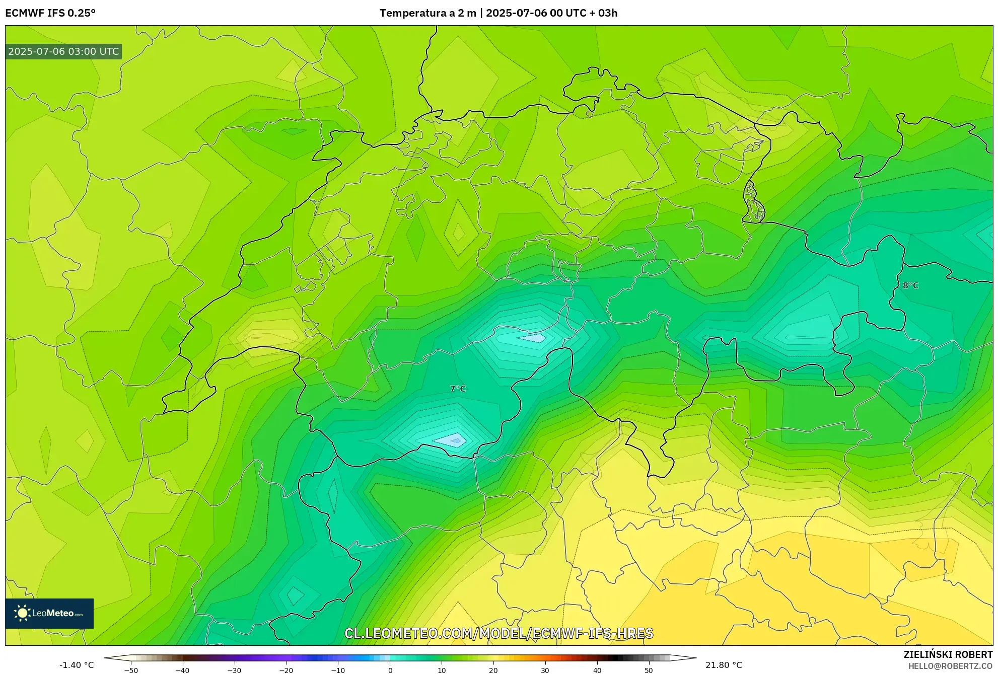 ECMWF IFS 0.25° model - Suiza, Temperatura a 2 m ECMWF IFS 0.25° model - Suiza, Temperatura a 2 m