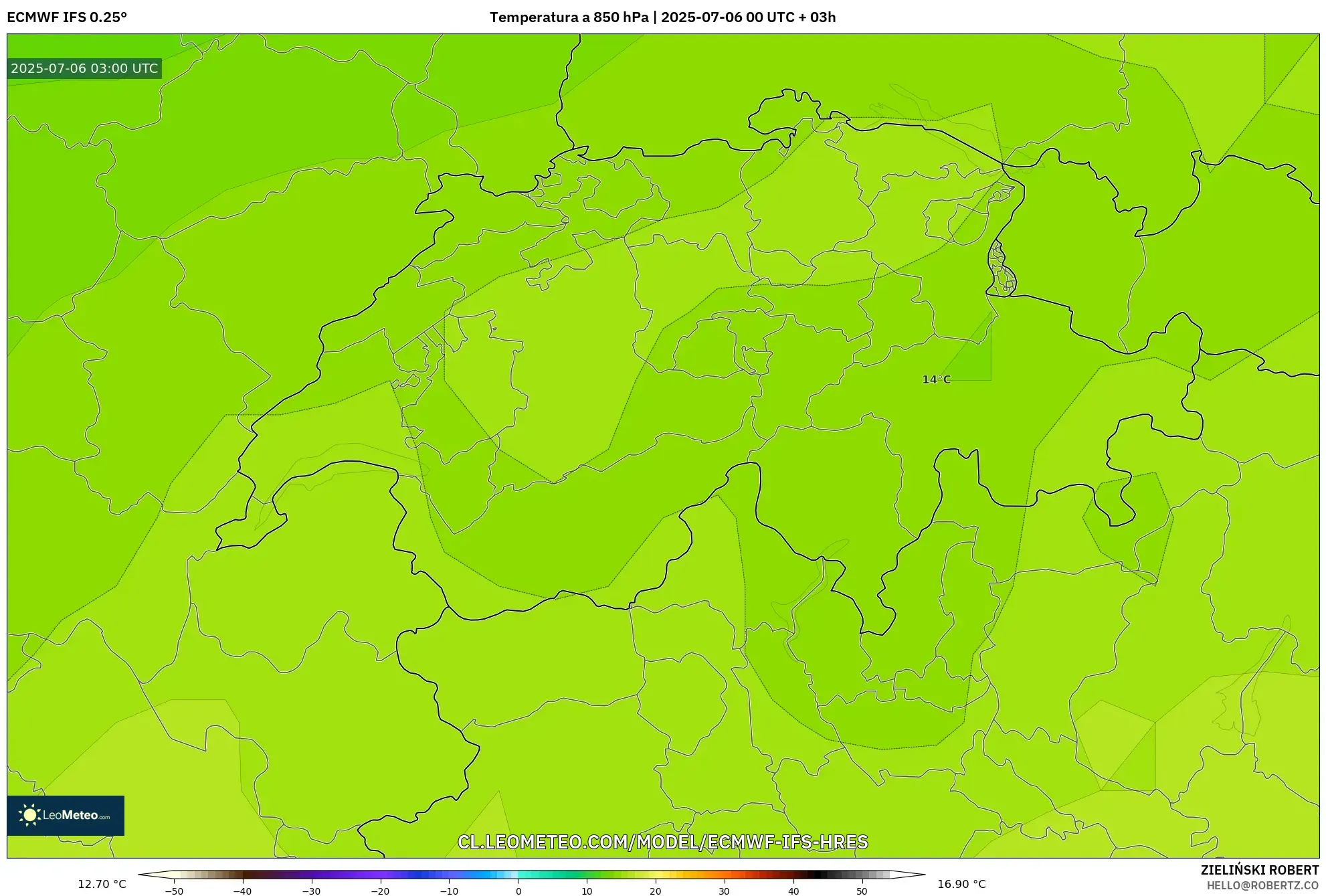 ECMWF IFS 0.25° model - Suiza, Temperatura a 850 hPa ECMWF IFS 0.25° model - Suiza, Temperatura a 850 hPa