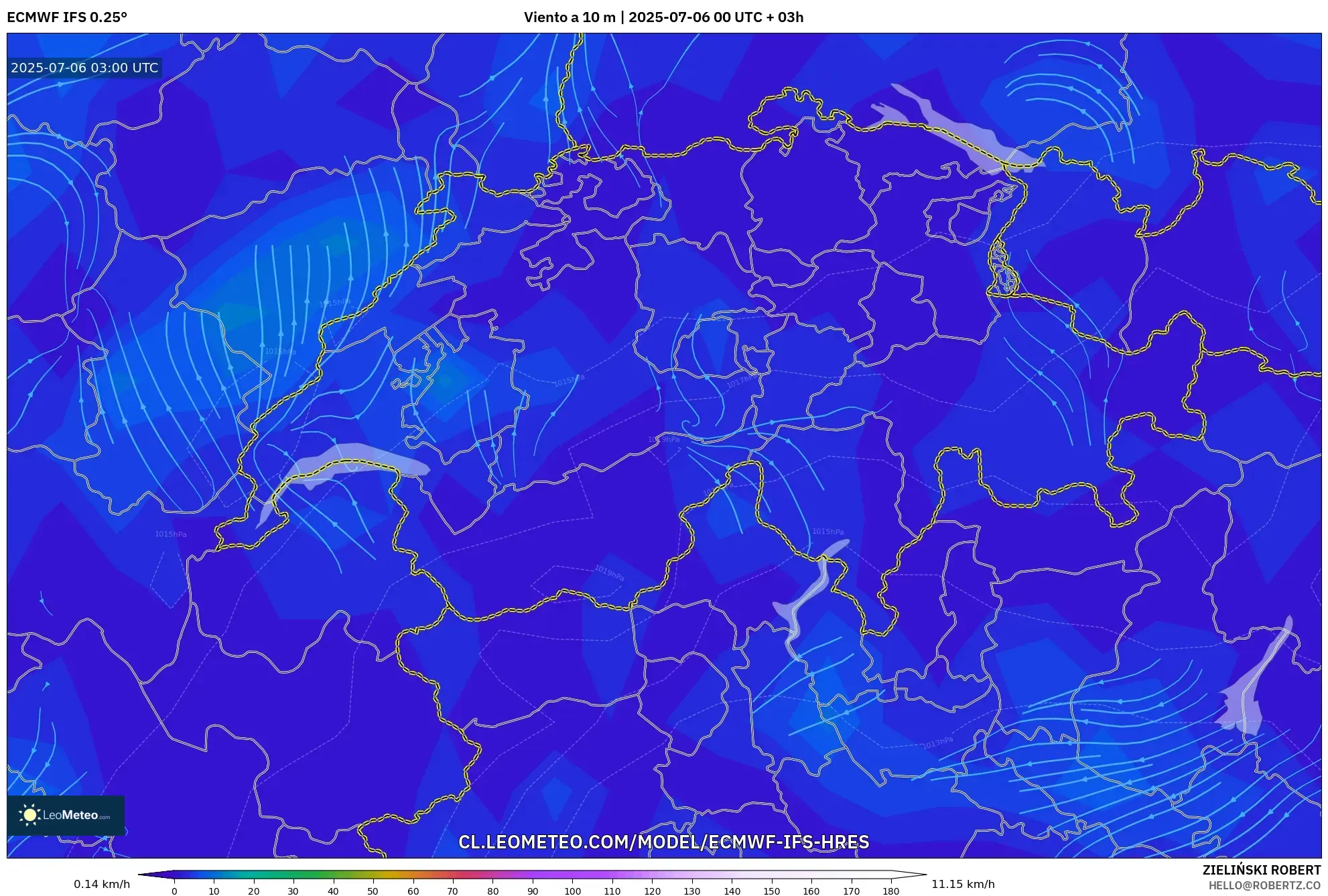 ECMWF IFS 0.25° model - Suiza, Viento a 10 m ECMWF IFS 0.25° model - Suiza, Viento a 10 m