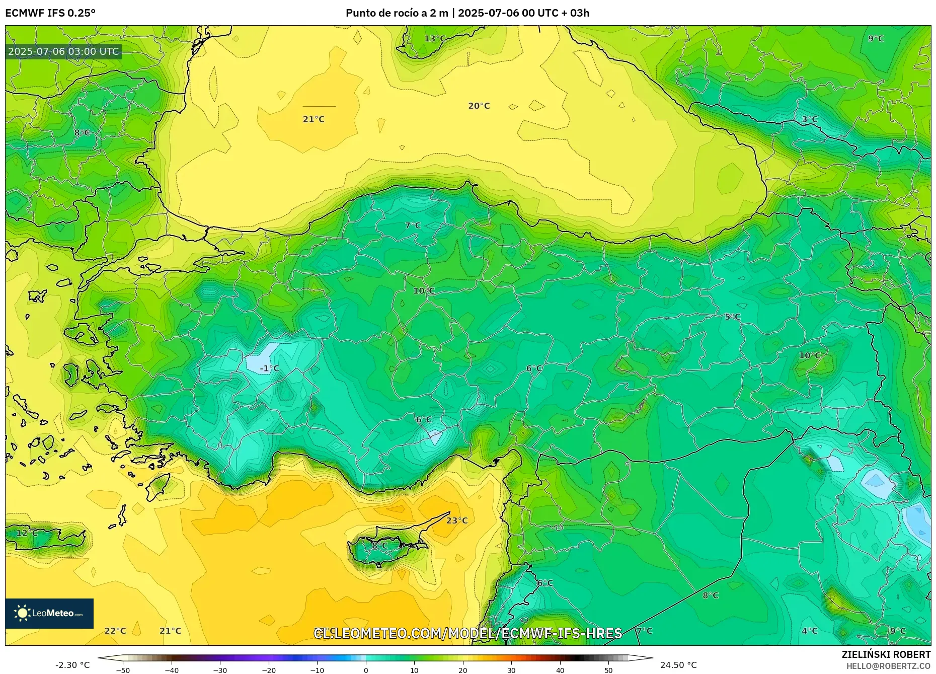 ECMWF IFS 0.25° model - Turquía, Punto de rocío a 2 m ECMWF IFS 0.25° model - Turquía, Punto de rocío a 2 m