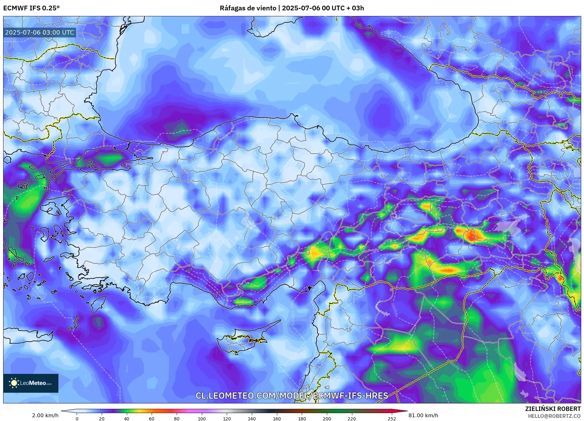 ECMWF IFS 0.25° model - Turquía, Ráfagas de viento ECMWF IFS 0.25° model - Turquía, Ráfagas de viento