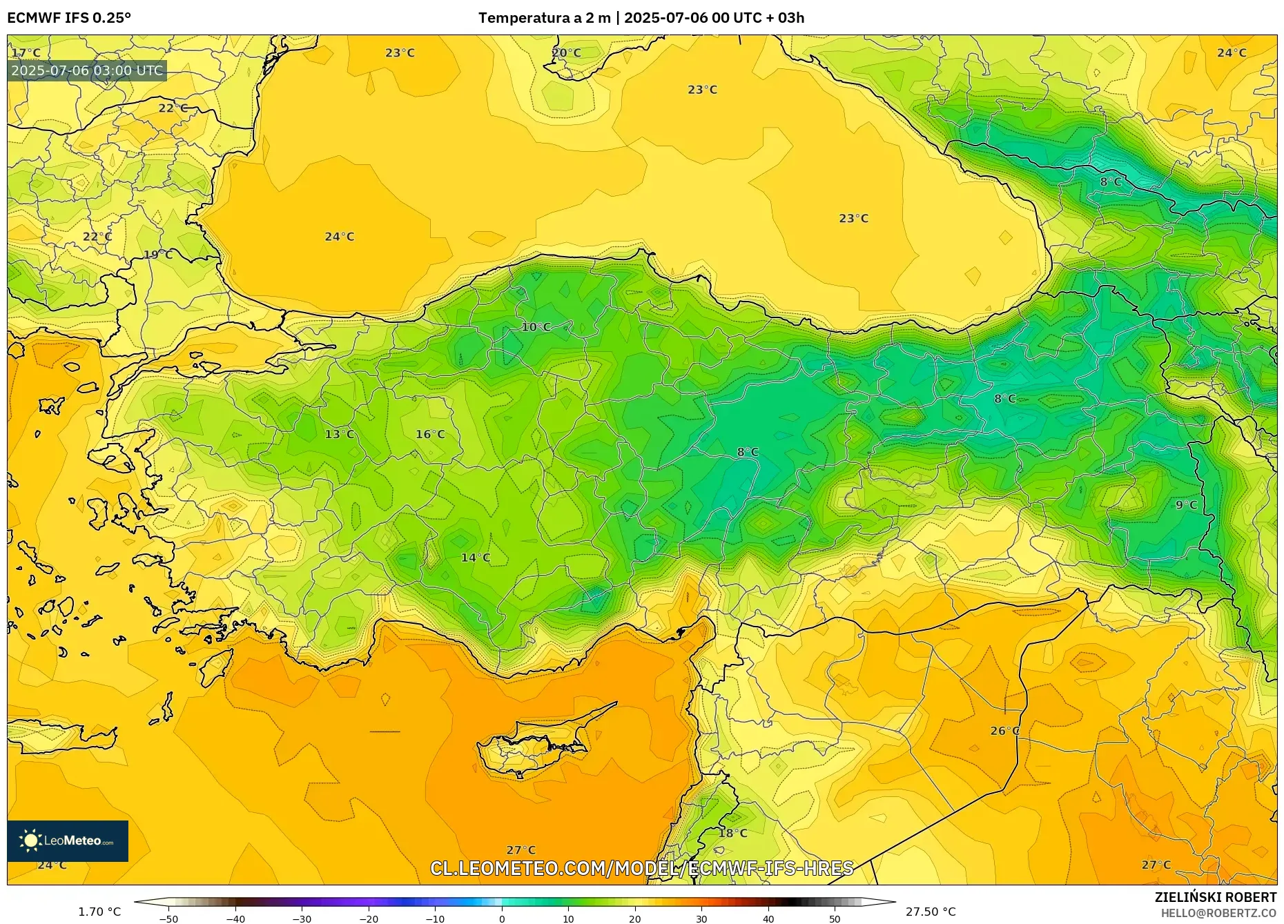 ECMWF IFS 0.25° model - Turquía, Temperatura a 2 m ECMWF IFS 0.25° model - Turquía, Temperatura a 2 m