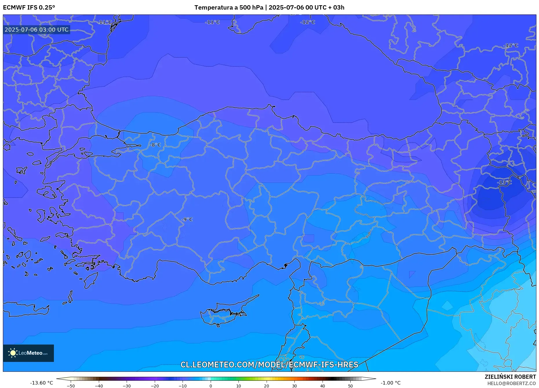 ECMWF IFS 0.25° model - Turquía, Temperatura a 500 hPa ECMWF IFS 0.25° model - Turquía, Temperatura a 500 hPa