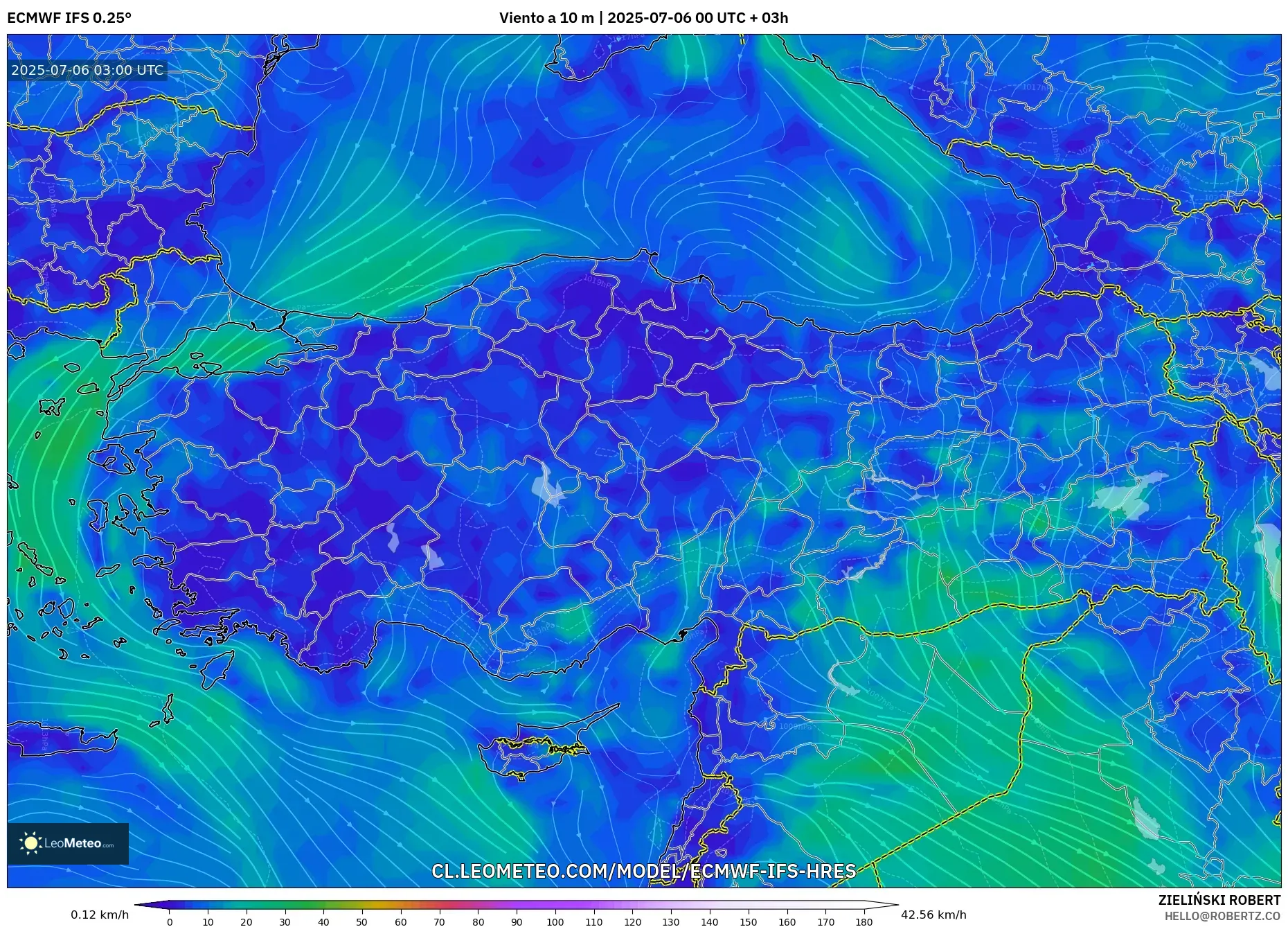 ECMWF IFS 0.25° model - Turquía, Viento a 10 m ECMWF IFS 0.25° model - Turquía, Viento a 10 m