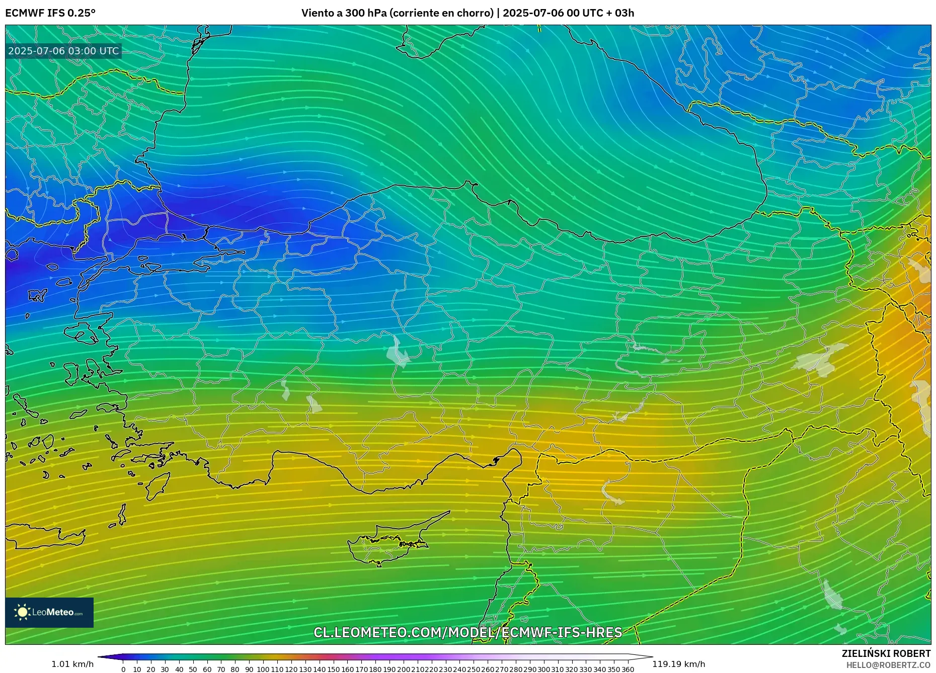 ECMWF IFS 0.25° model - Turquía, Viento a 300 hPa (corriente en chorro) ECMWF IFS 0.25° model - Turquía, Viento a 300 hPa (corriente en chorro)