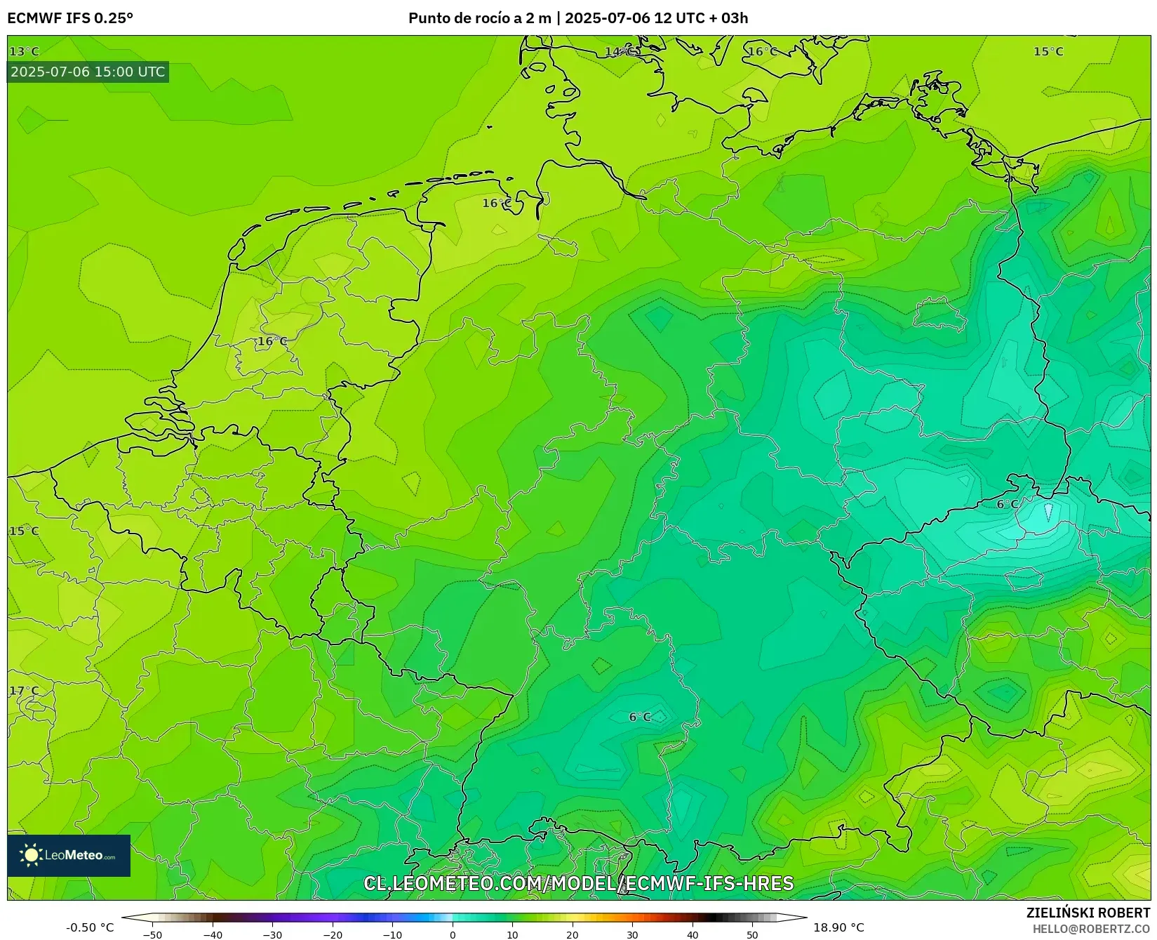 ECMWF IFS 0.25° model - Alemania, Punto de rocío a 2 m ECMWF IFS 0.25° model - Alemania, Punto de rocío a 2 m