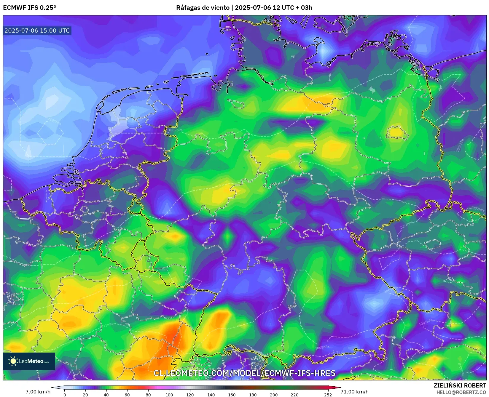 ECMWF IFS 0.25° model - Alemania, Ráfagas de viento ECMWF IFS 0.25° model - Alemania, Ráfagas de viento