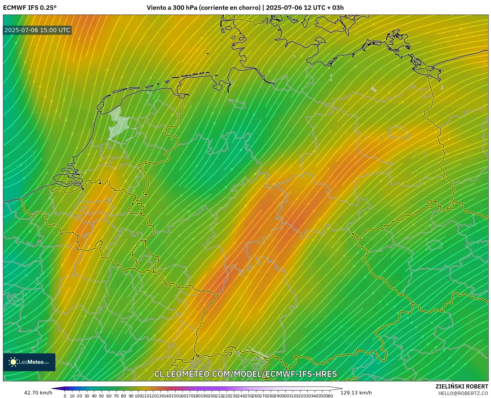 ECMWF IFS 0.25° model - Alemania, Viento a 300 hPa (corriente en chorro) ECMWF IFS 0.25° model - Alemania, Viento a 300 hPa (corriente en chorro)