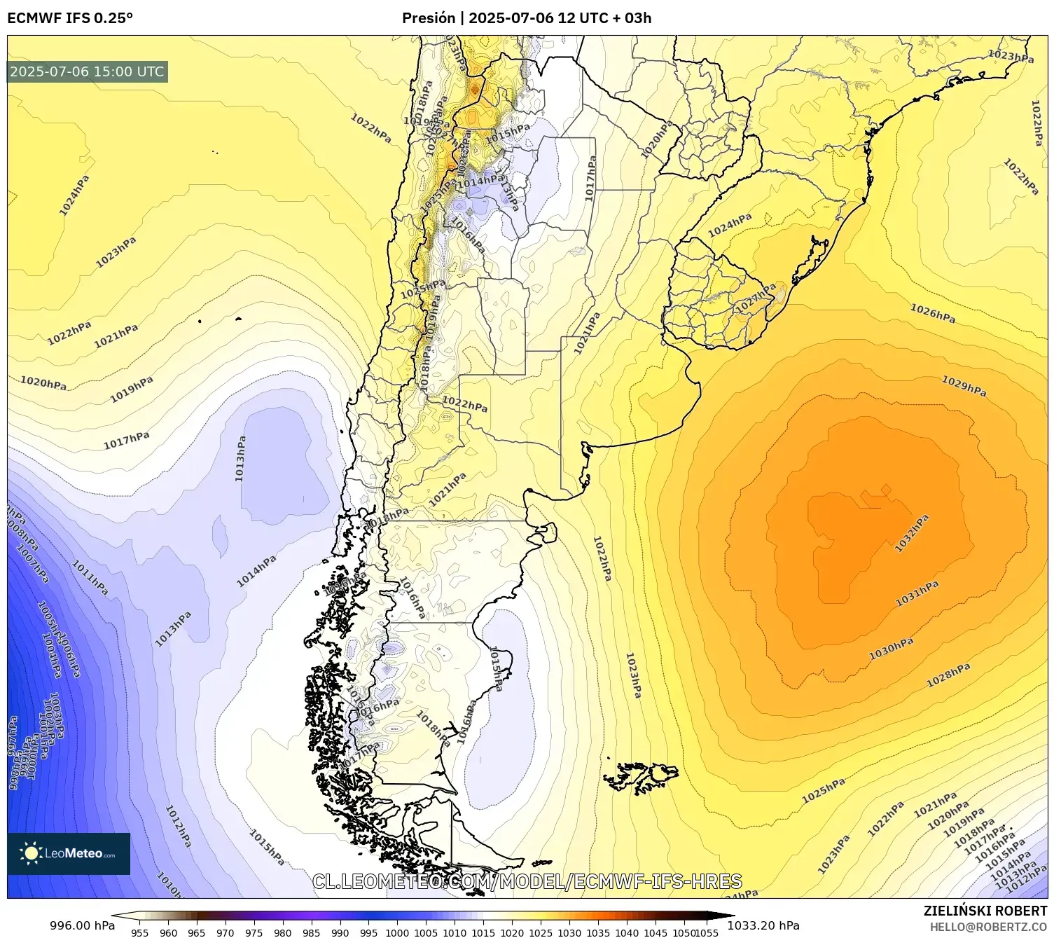 ECMWF IFS 0.25° model - Argentina, Presión ECMWF IFS 0.25° model - Argentina, Presión