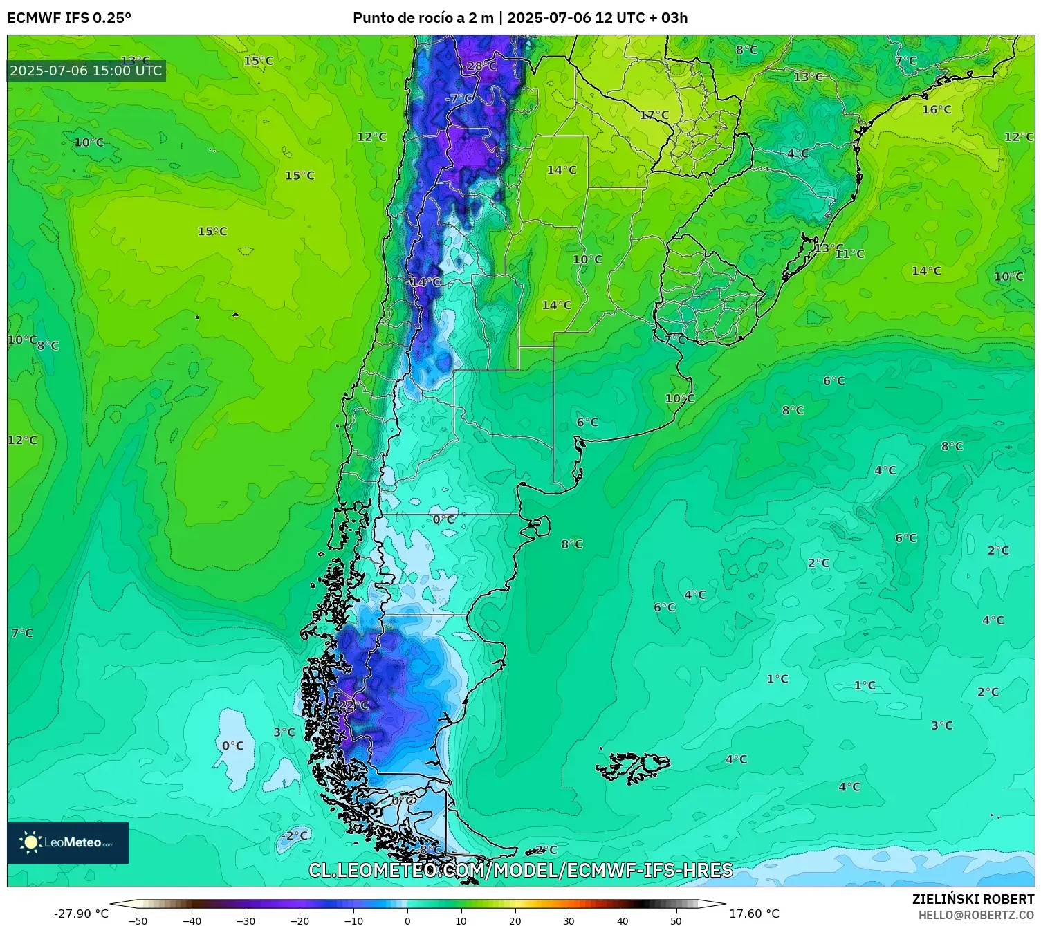ECMWF IFS 0.25° model - Argentina, Punto de rocío a 2 m ECMWF IFS 0.25° model - Argentina, Punto de rocío a 2 m
