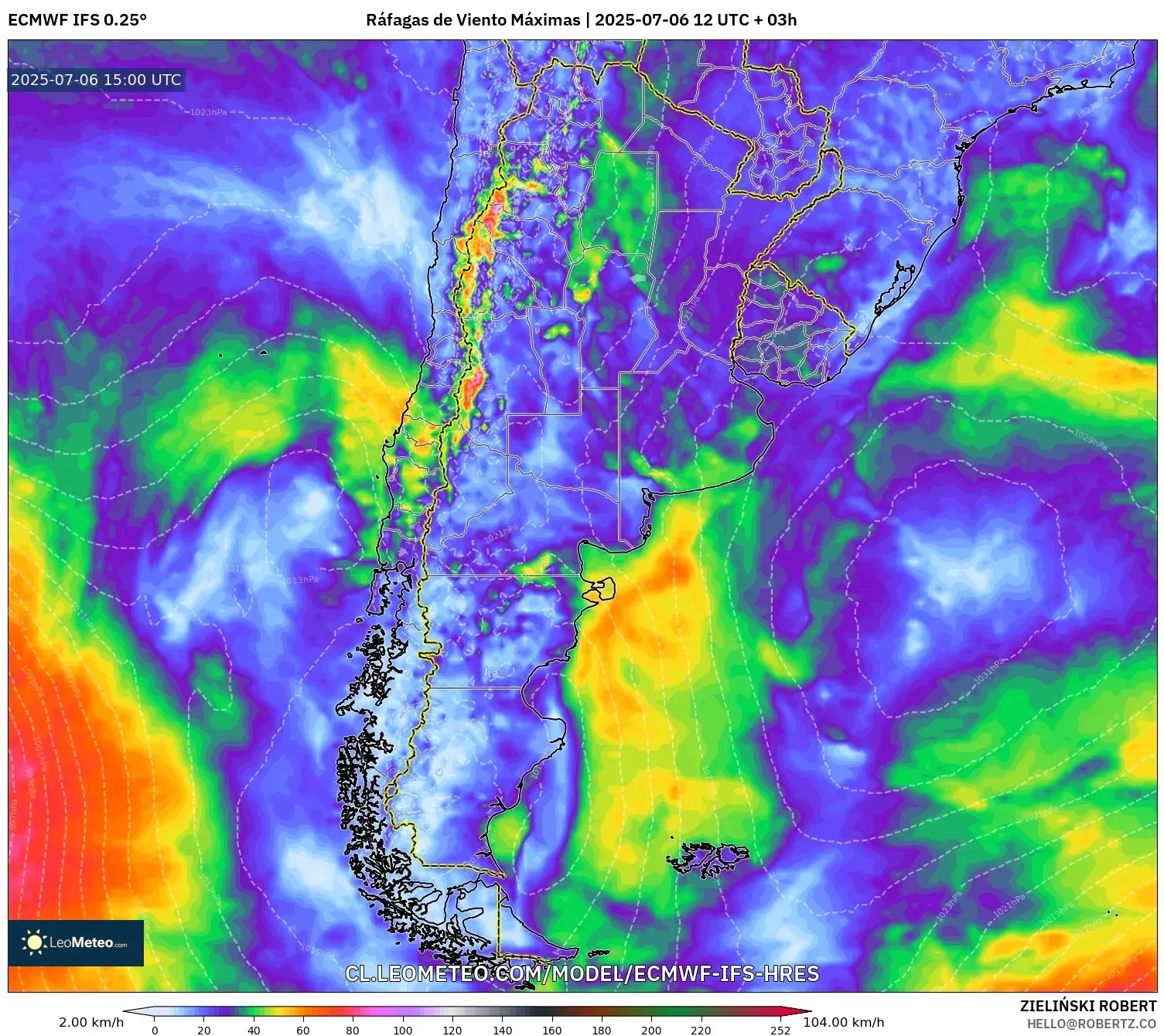 ECMWF IFS 0.25° model - Argentina, Ráfagas de Viento Máximas ECMWF IFS 0.25° model - Argentina, Ráfagas de Viento Máximas