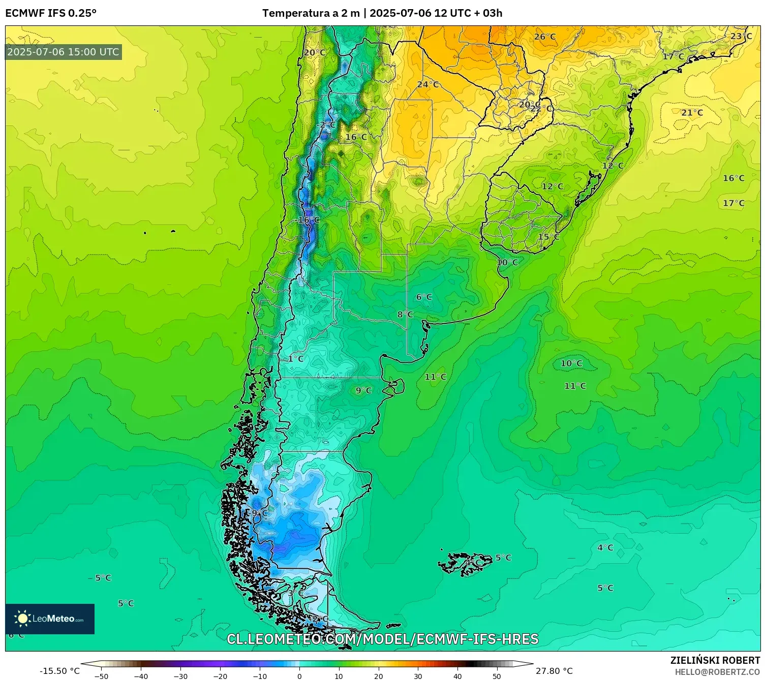 ECMWF IFS 0.25° model - Argentina, Temperatura a 2 m ECMWF IFS 0.25° model - Argentina, Temperatura a 2 m
