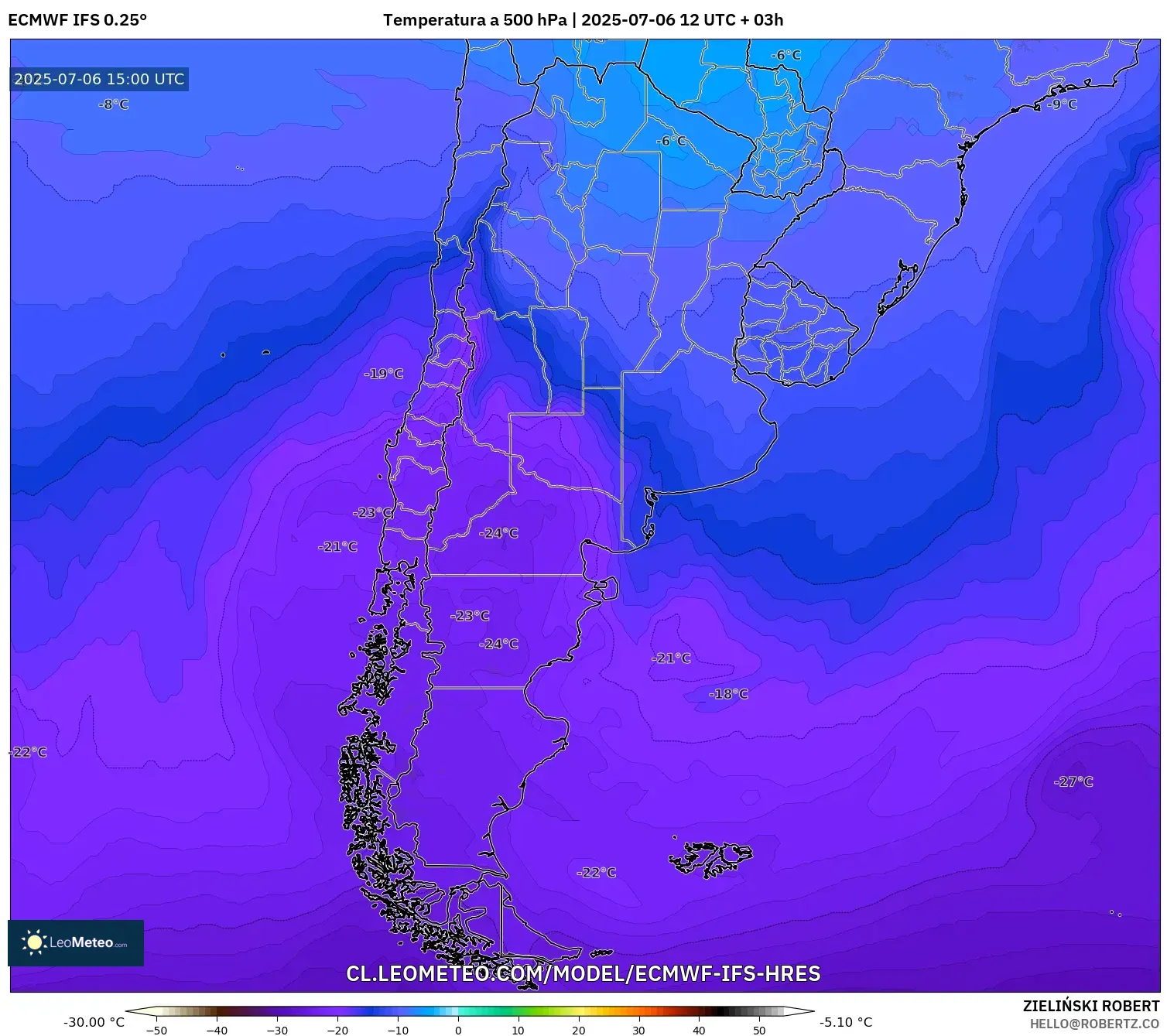 ECMWF IFS 0.25° model - Argentina, Temperatura a 500 hPa ECMWF IFS 0.25° model - Argentina, Temperatura a 500 hPa