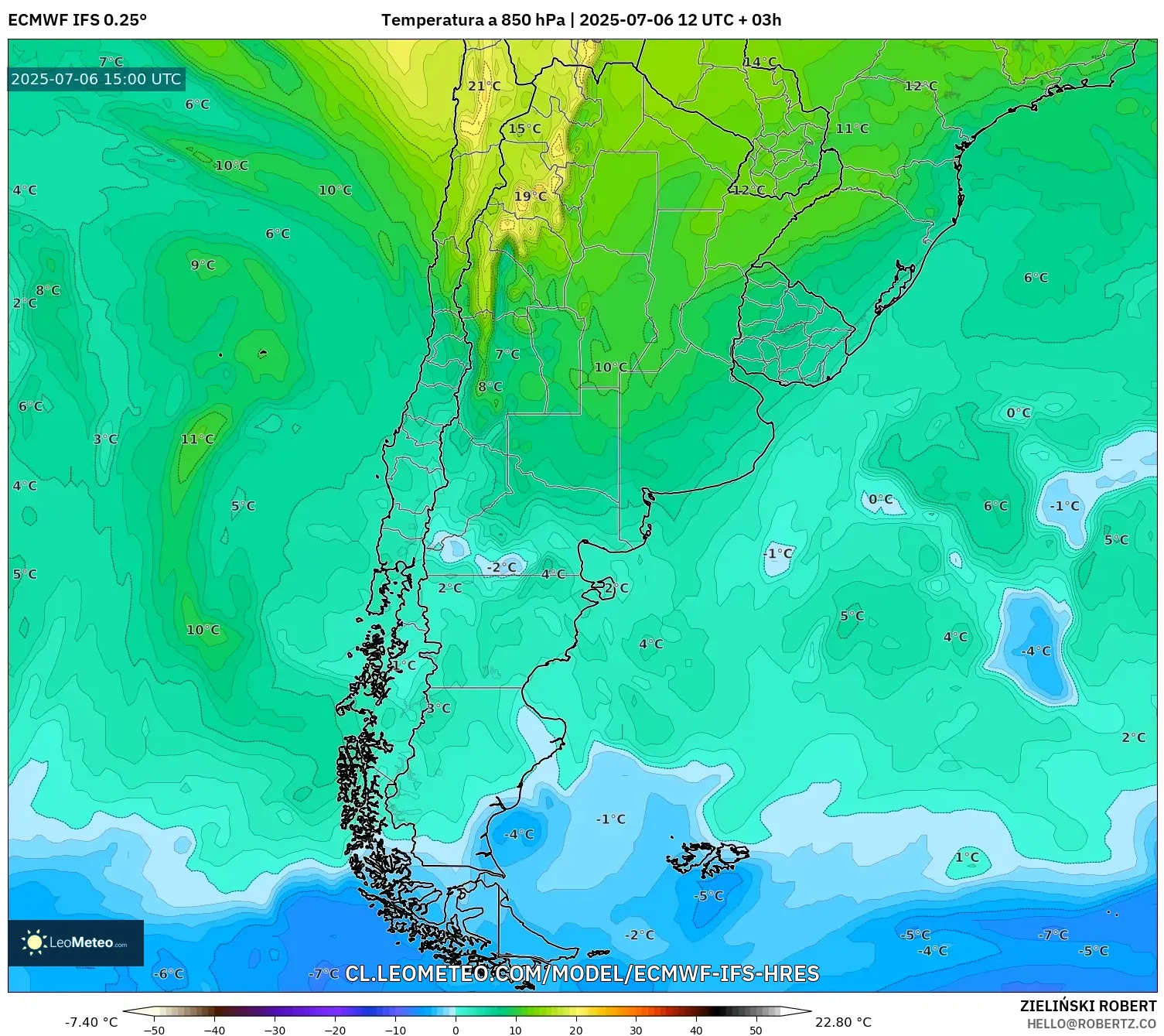 ECMWF IFS 0.25° model - Argentina, Temperatura a 850 hPa ECMWF IFS 0.25° model - Argentina, Temperatura a 850 hPa