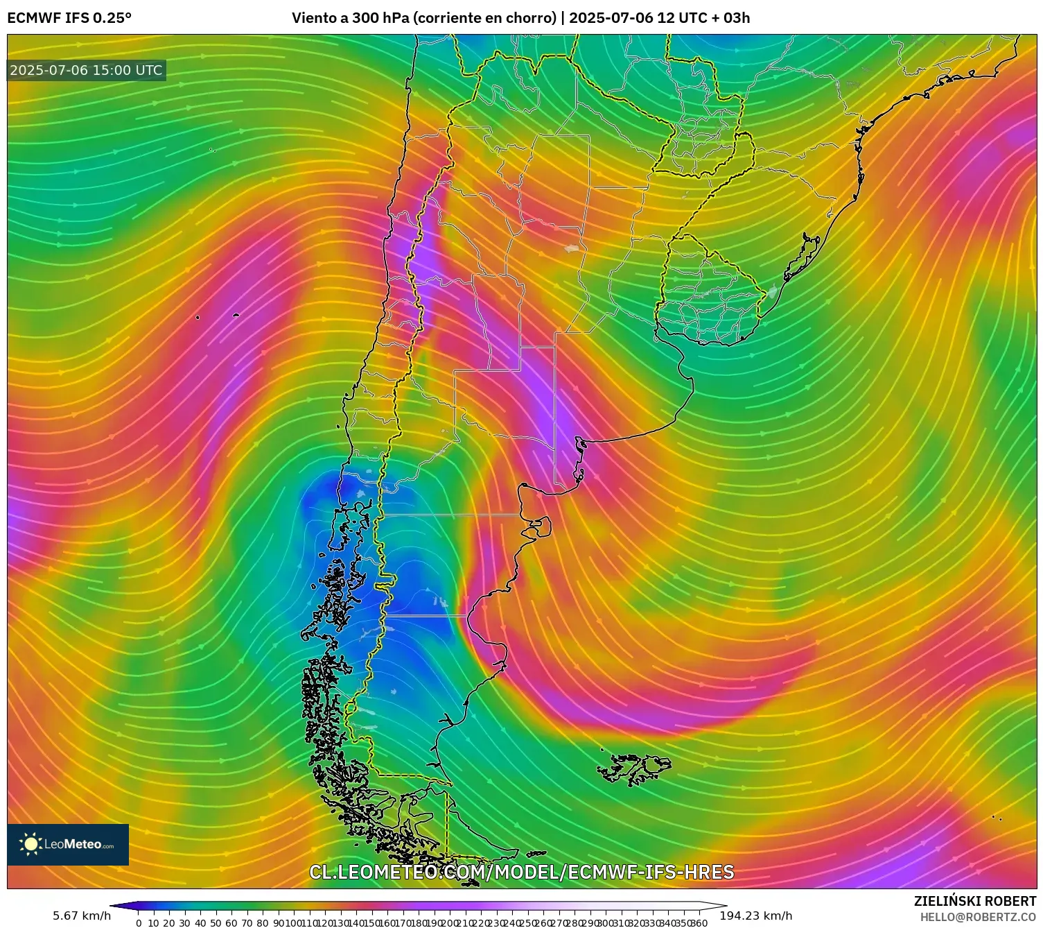 ECMWF IFS 0.25° model - Argentina, Viento a 300 hPa (corriente en chorro) ECMWF IFS 0.25° model - Argentina, Viento a 300 hPa (corriente en chorro)