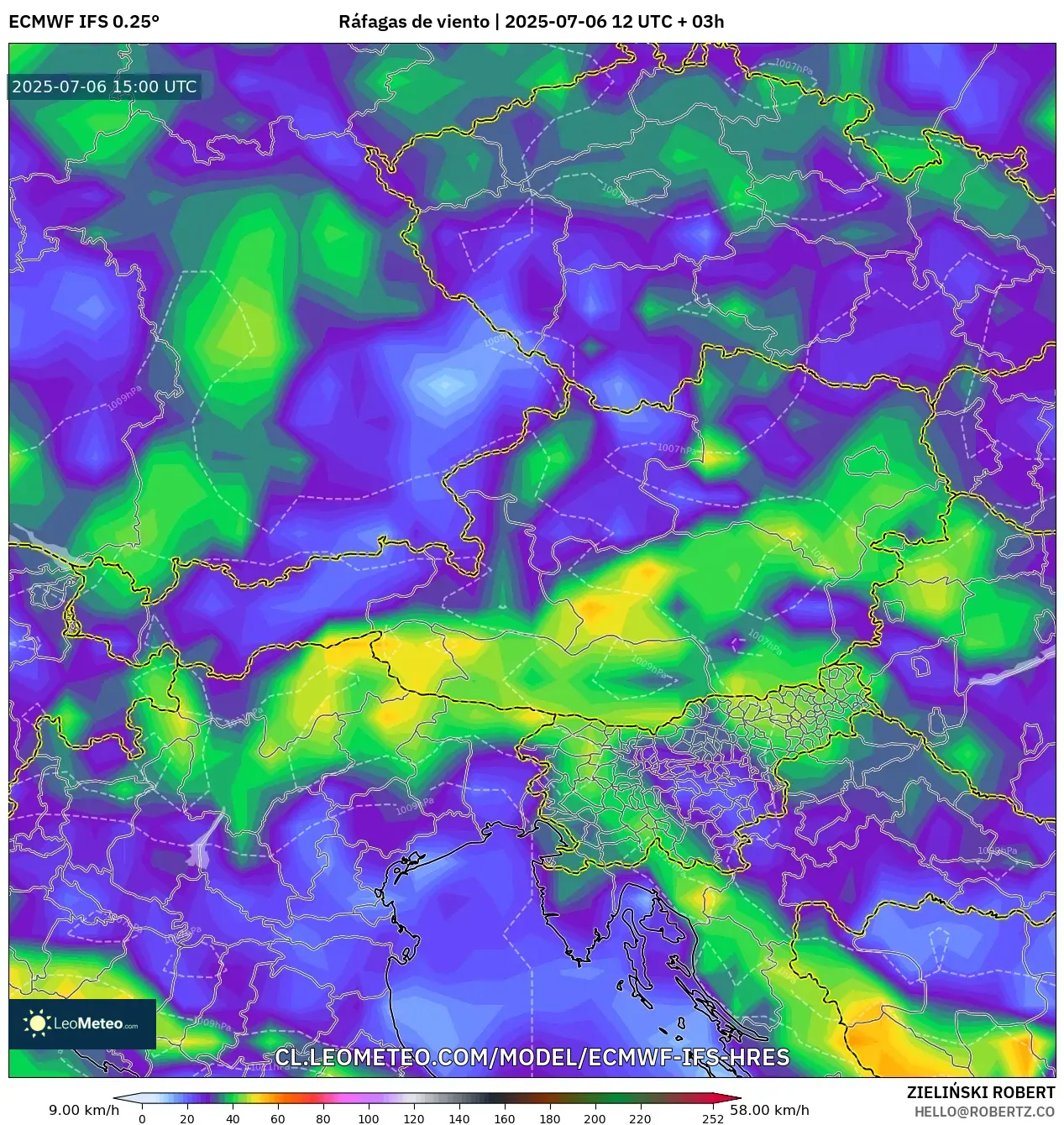 ECMWF IFS 0.25° model - Austria, Ráfagas de viento ECMWF IFS 0.25° model - Austria, Ráfagas de viento