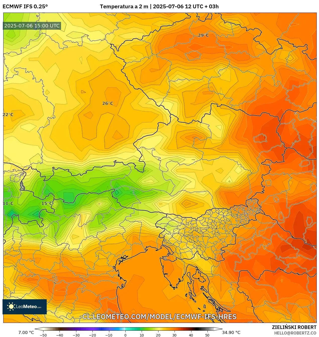 ECMWF IFS 0.25° model - Austria, Temperatura a 2 m ECMWF IFS 0.25° model - Austria, Temperatura a 2 m