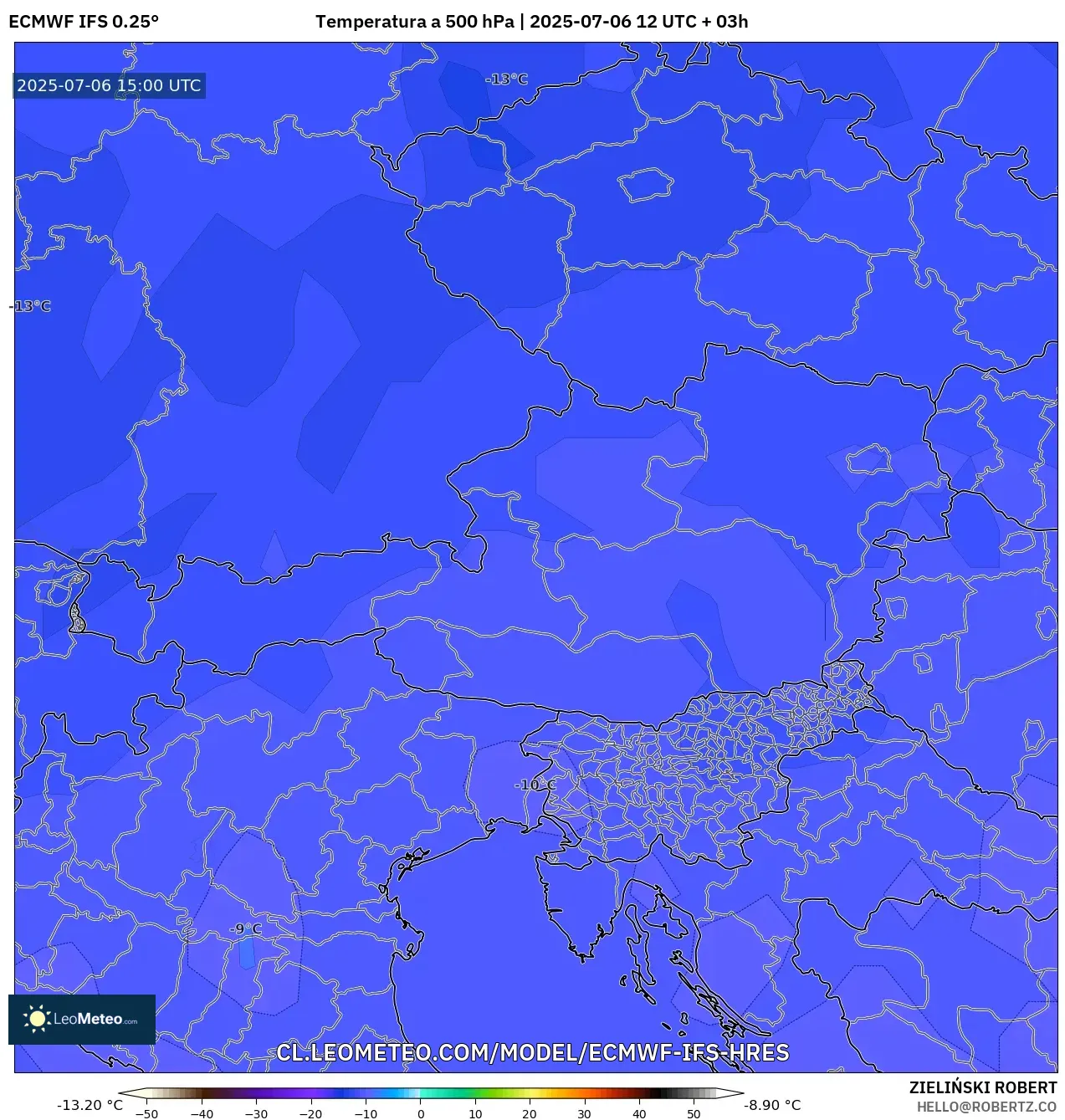 ECMWF IFS 0.25° model - Austria, Temperatura a 500 hPa