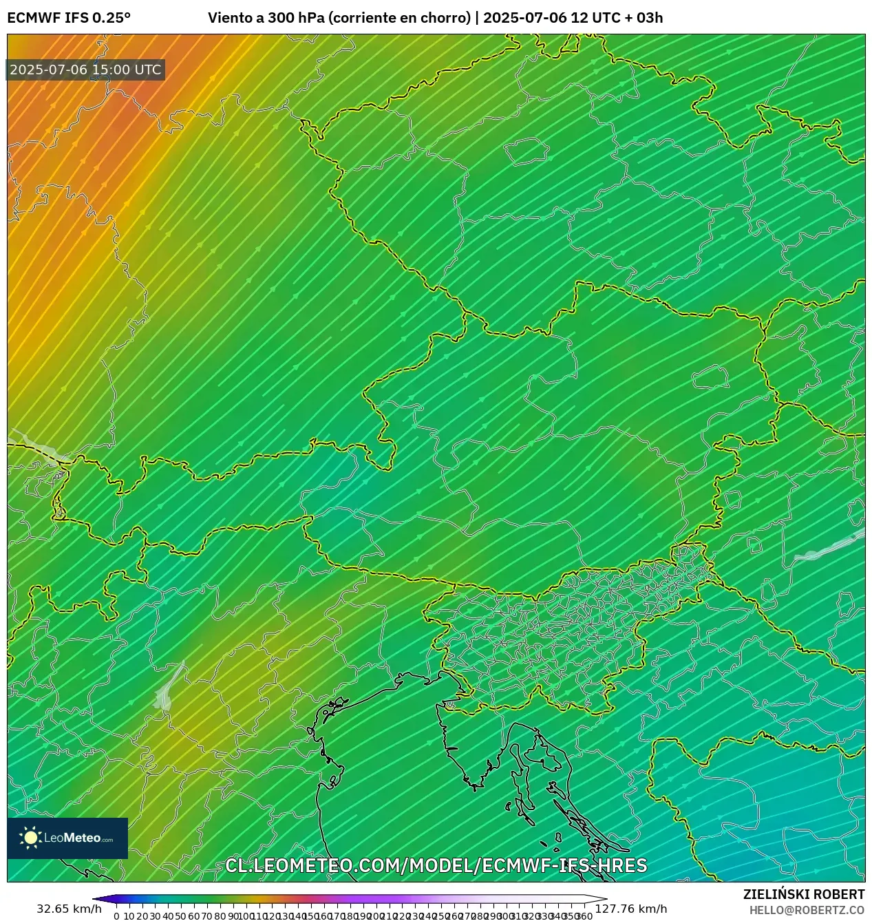 ECMWF IFS 0.25° model - Austria, Viento a 300 hPa (corriente en chorro) ECMWF IFS 0.25° model - Austria, Viento a 300 hPa (corriente en chorro)