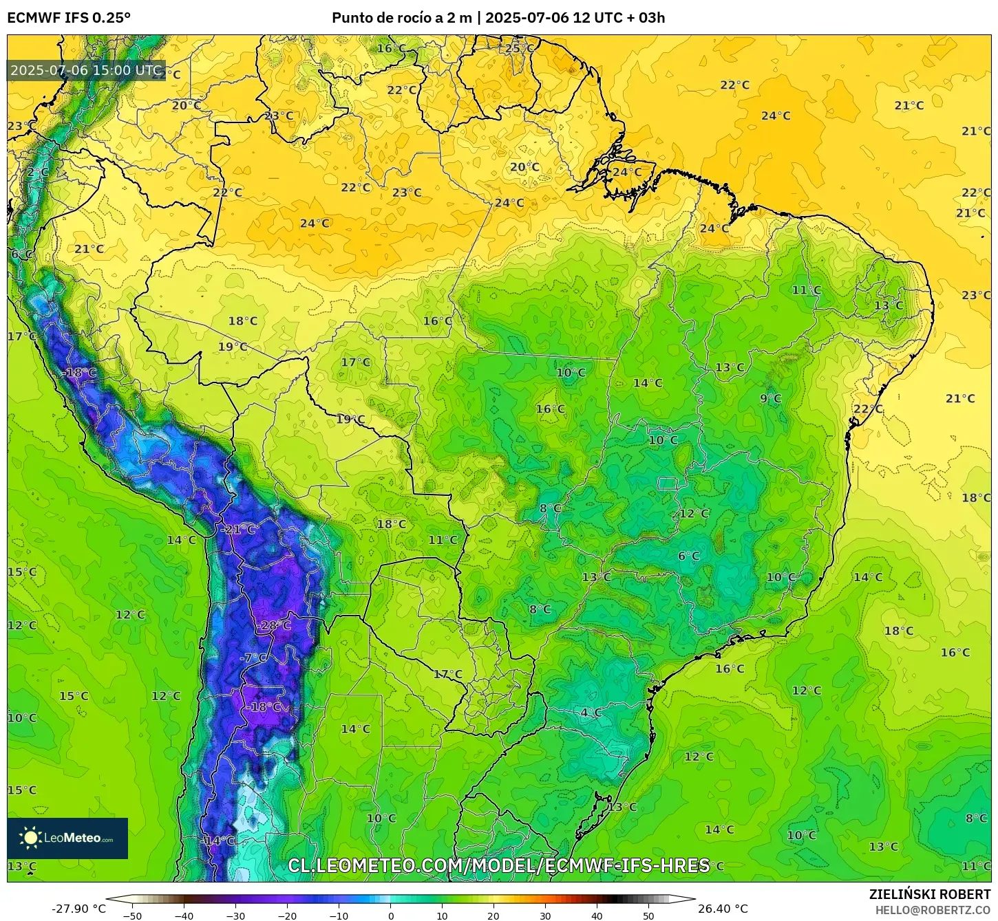 ECMWF IFS 0.25° model - Brasil, Punto de rocío a 2 m ECMWF IFS 0.25° model - Brasil, Punto de rocío a 2 m