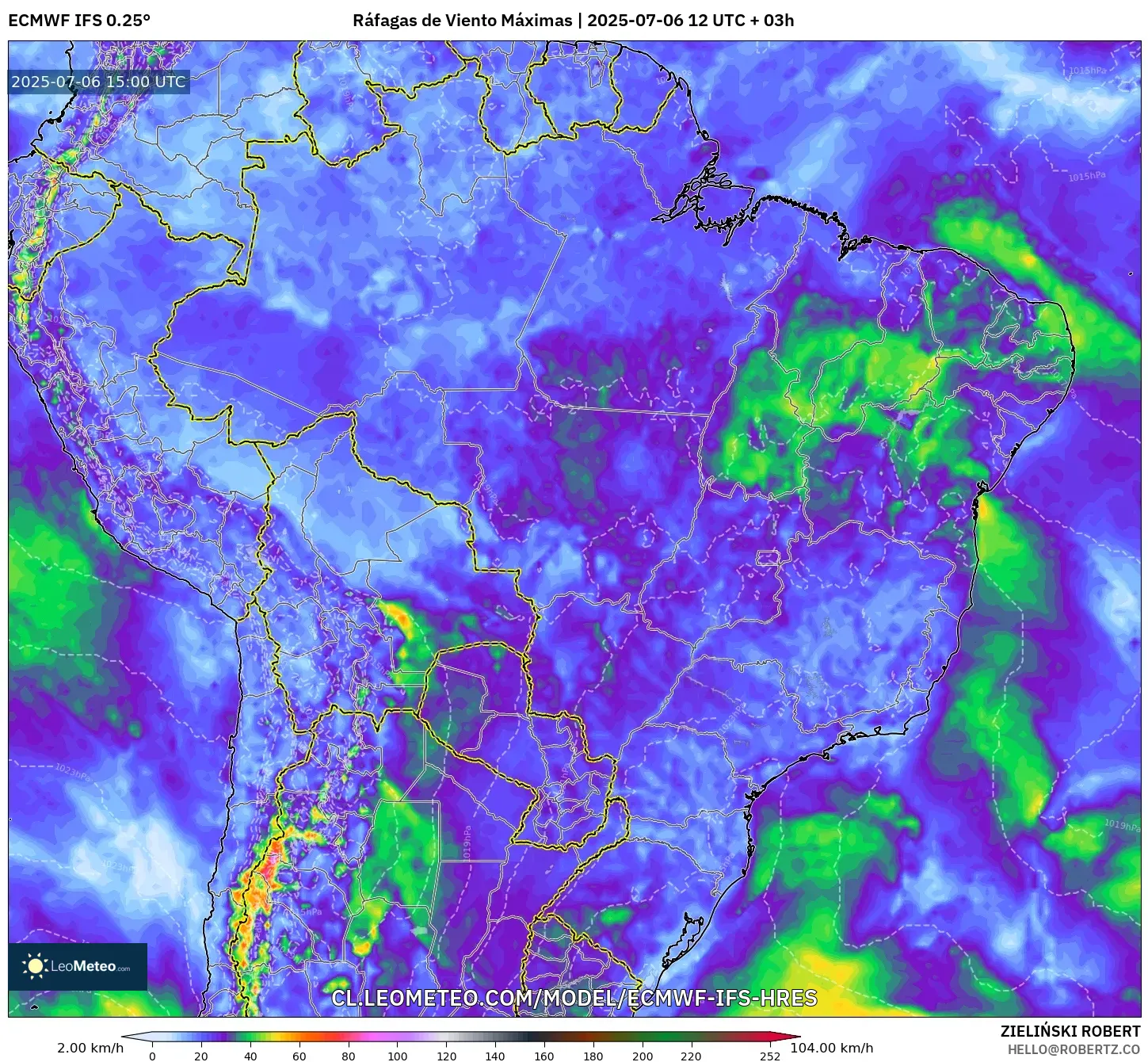 ECMWF IFS 0.25° model - Brasil, Ráfagas de Viento Máximas ECMWF IFS 0.25° model - Brasil, Ráfagas de Viento Máximas