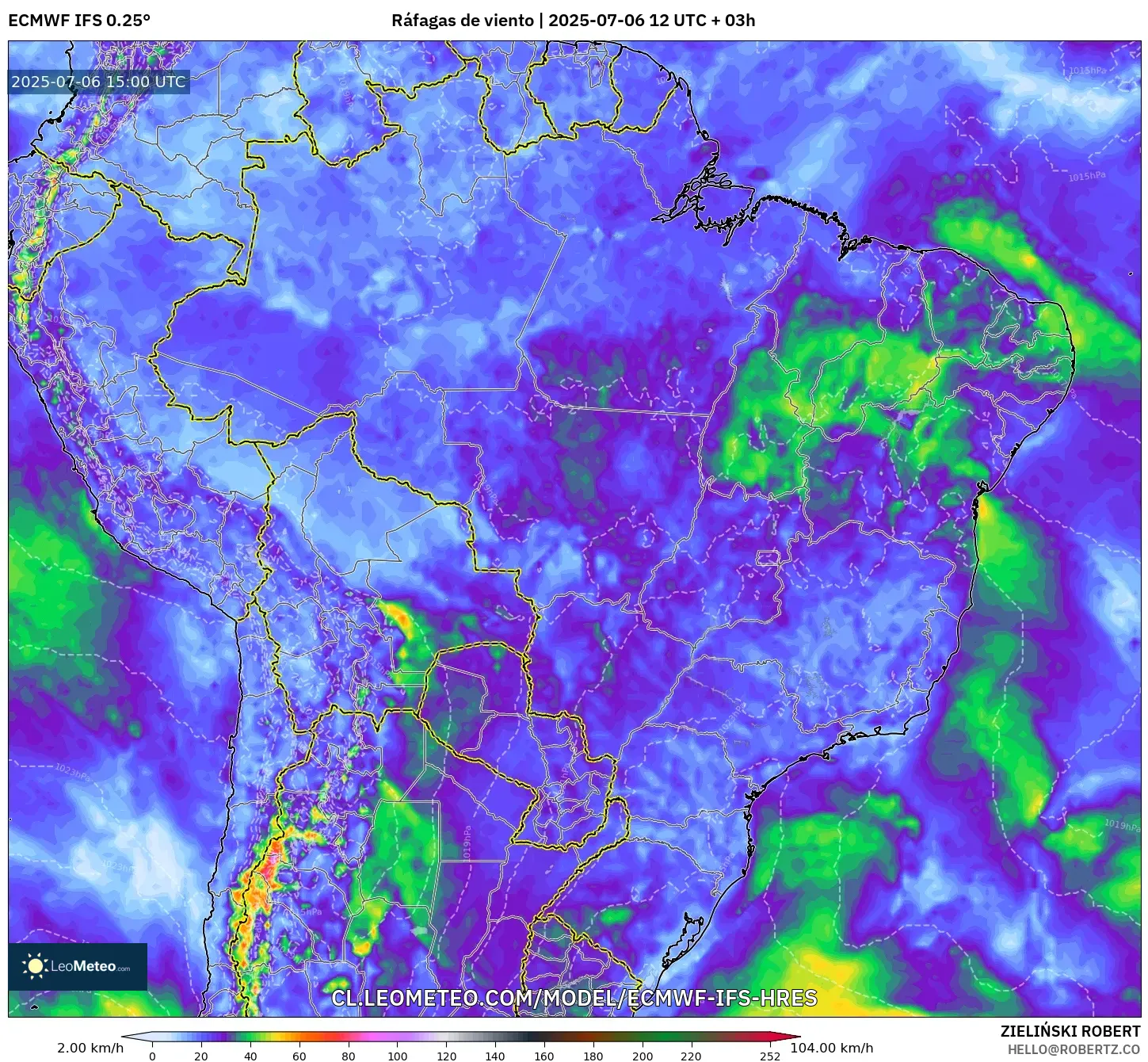 ECMWF IFS 0.25° model - Brasil, Ráfagas de viento ECMWF IFS 0.25° model - Brasil, Ráfagas de viento