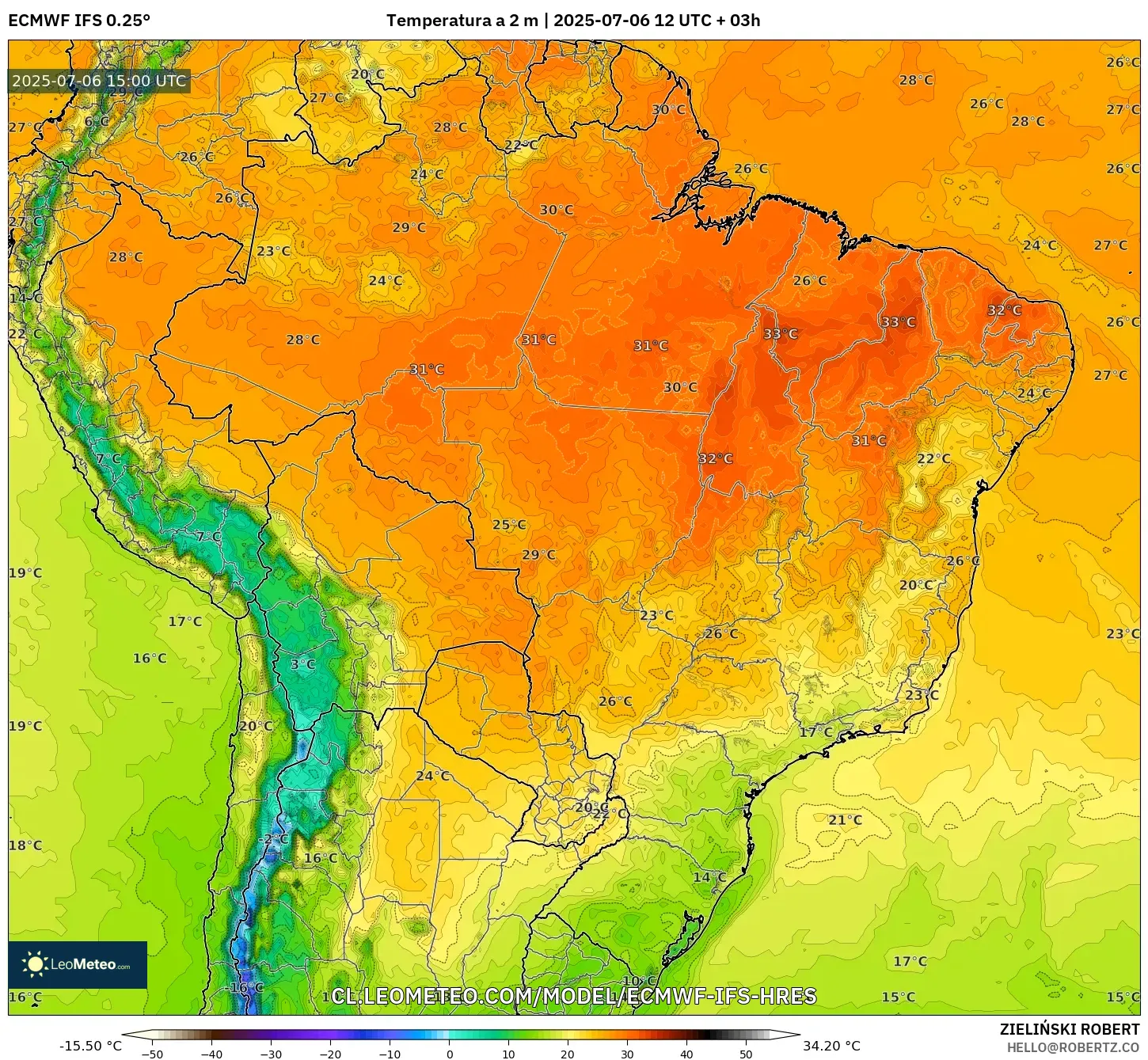 ECMWF IFS 0.25° model - Brasil, Temperatura a 2 m ECMWF IFS 0.25° model - Brasil, Temperatura a 2 m